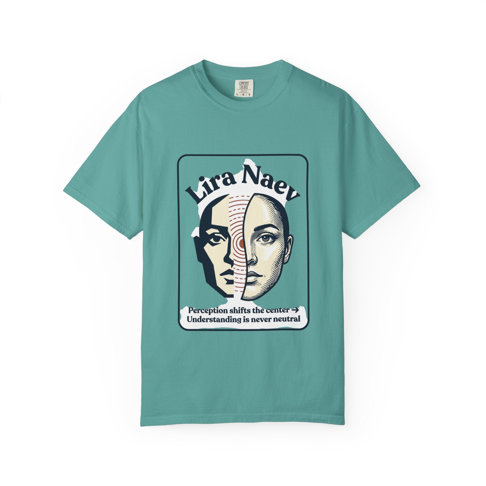 Power Runs Black PRB Lira Naev Split-Face Graphic T-Shirt — “Perception shifts the center” Statement Tee by Printify