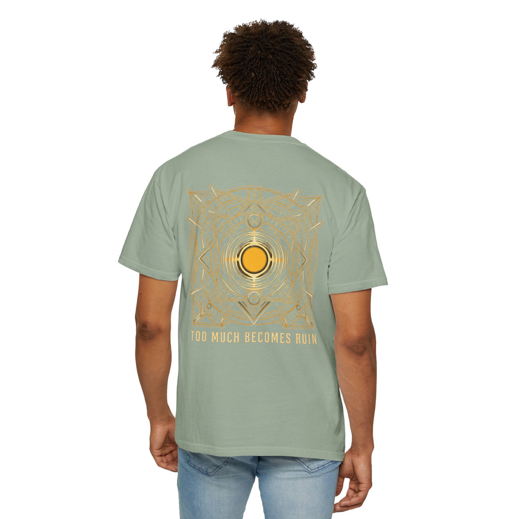 Power Runs Black PRB — Veyra Kain Geometric Sigil Tee with “Too Much Becomes Ruin” Graphic T-Shirt by Printify