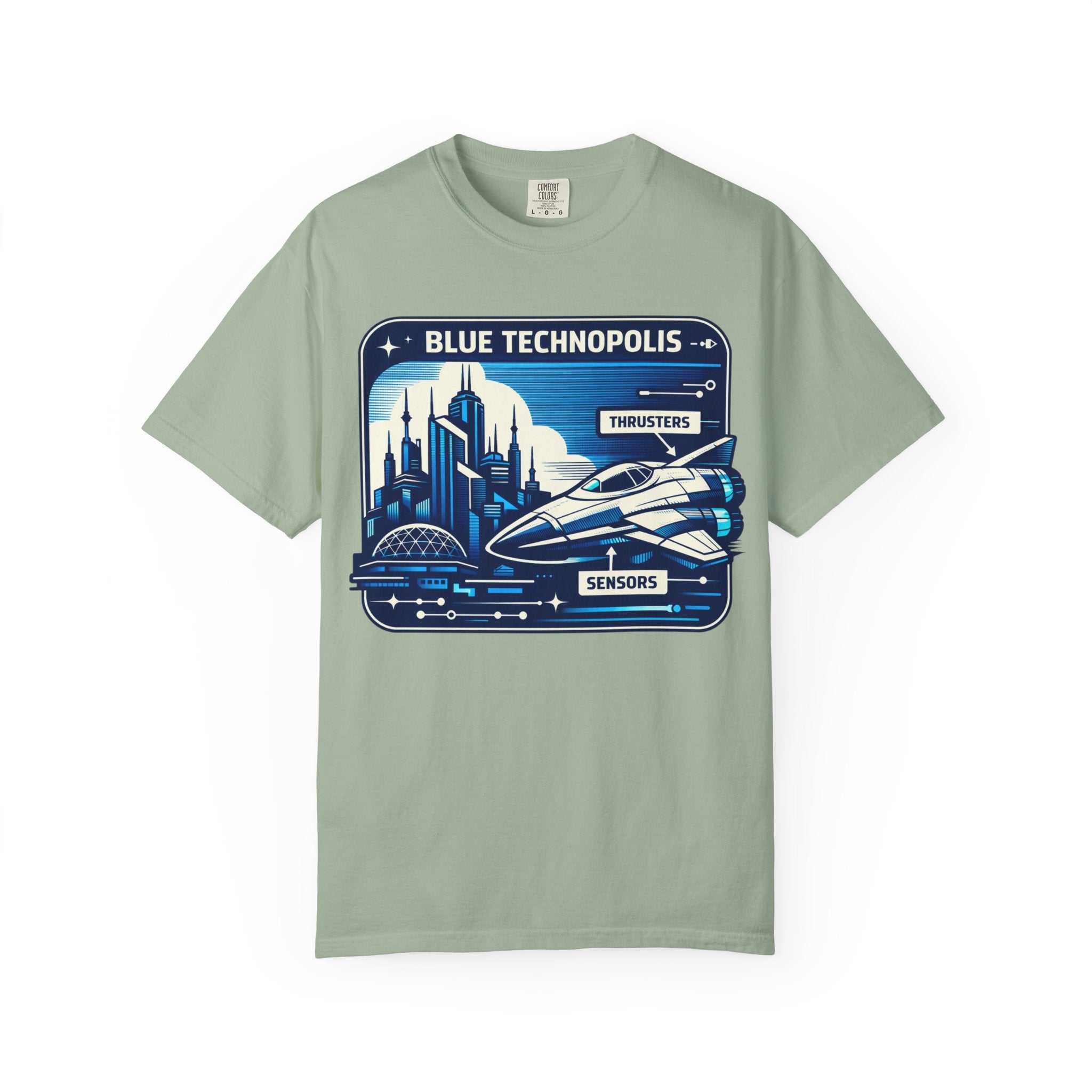 Power Runs Black PRB Technopolis Spacecraft T-Shirt — Blue Technopolis Retro Sci‑Fi Tee by Printify