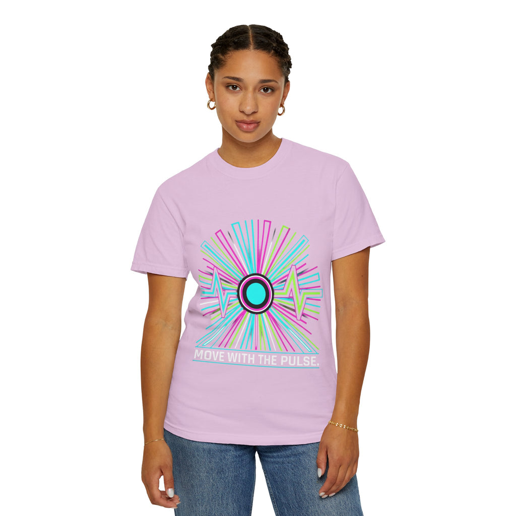Power Runs Black PRB Electric "Move With Pulse" Graphic T-Shirt — Neon Sunburst Design by Power Runs Black