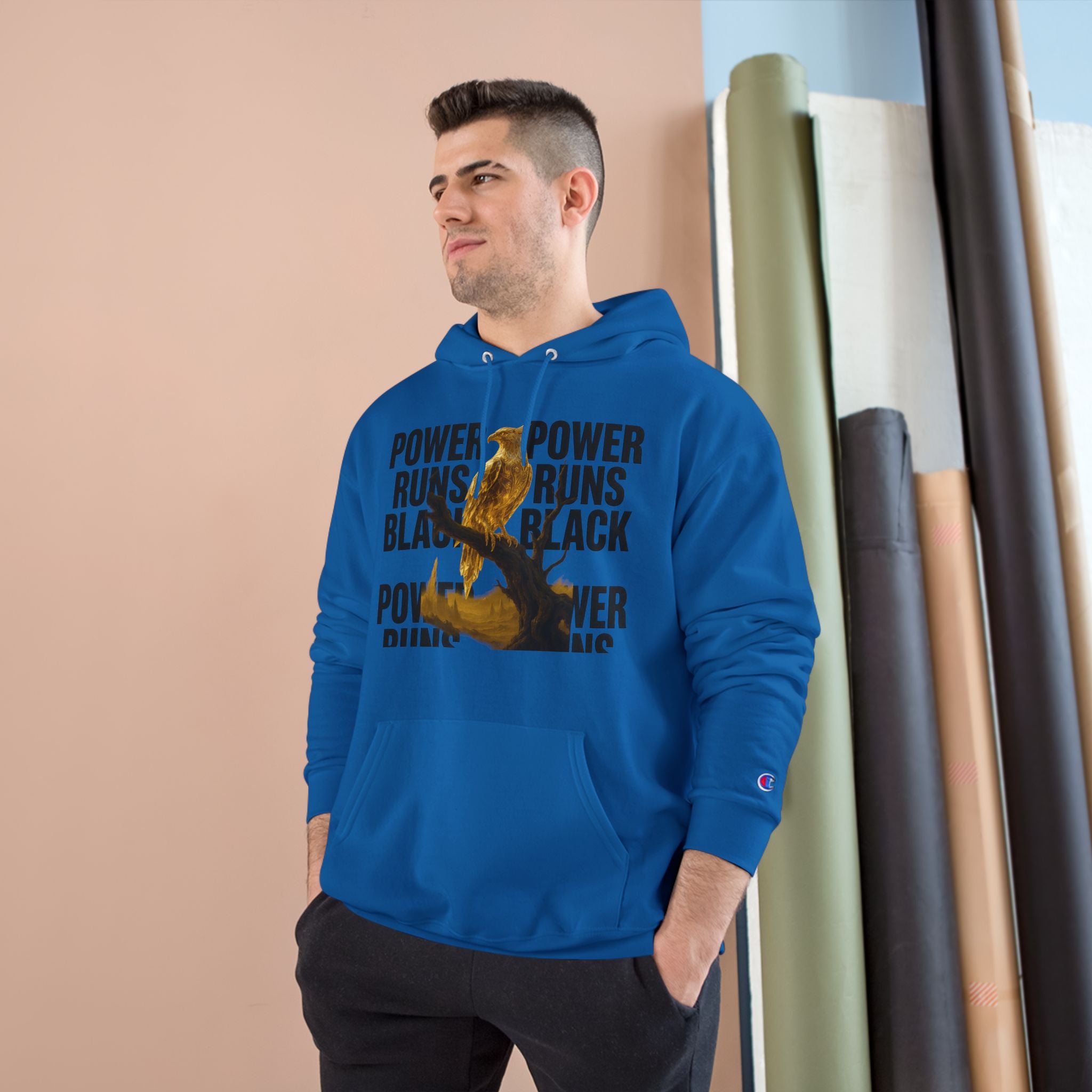 PRB Champion Hoodie — 'Power Runs Black' Golden Bird Graphic Pullover by Power Runs Black