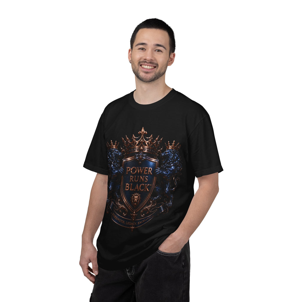Power Runs Black Crest T-shirt | Heraldic Lion Shield Tee by Power Runs Black