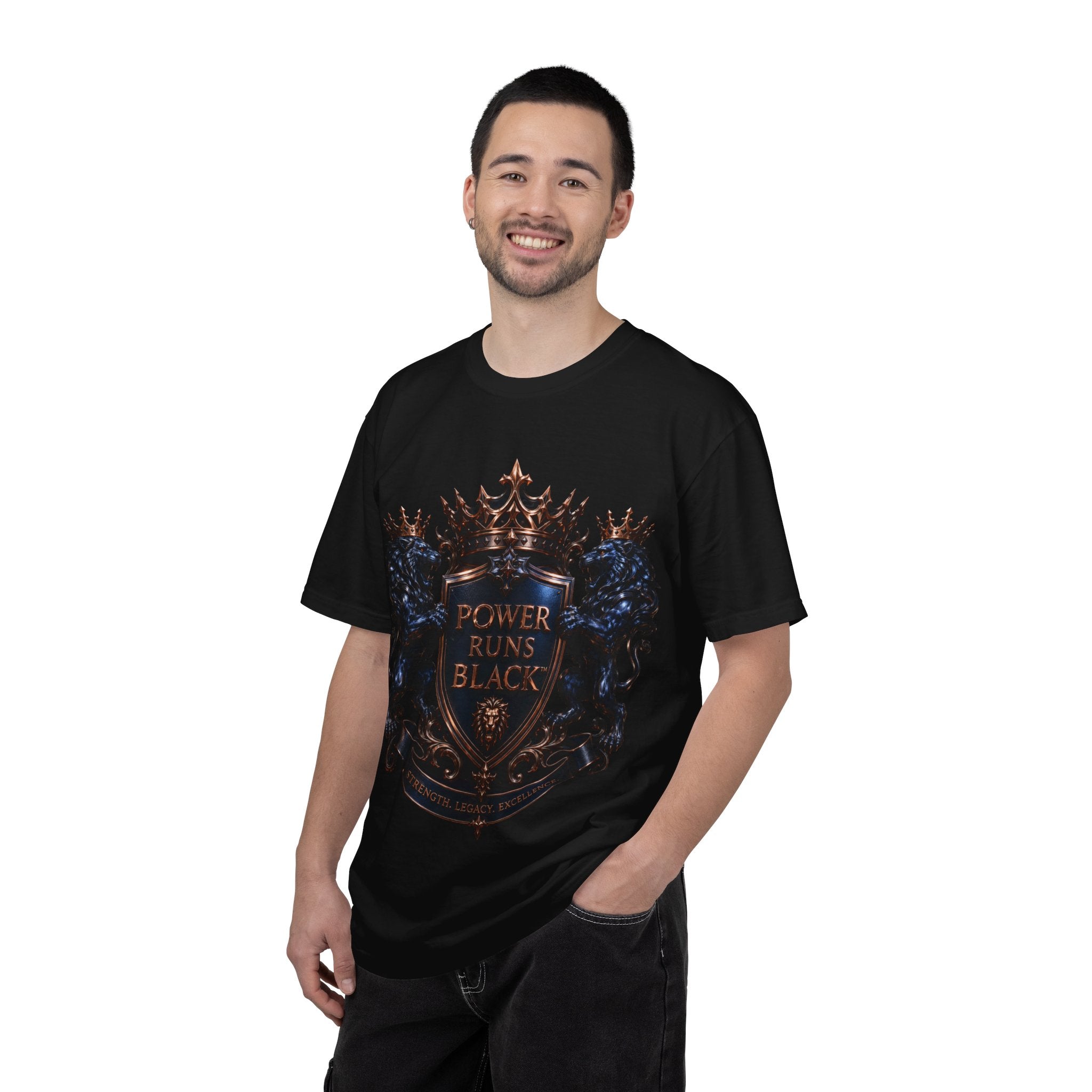 Power Runs Black Crest T-shirt | Heraldic Lion Shield Tee by Power Runs Black