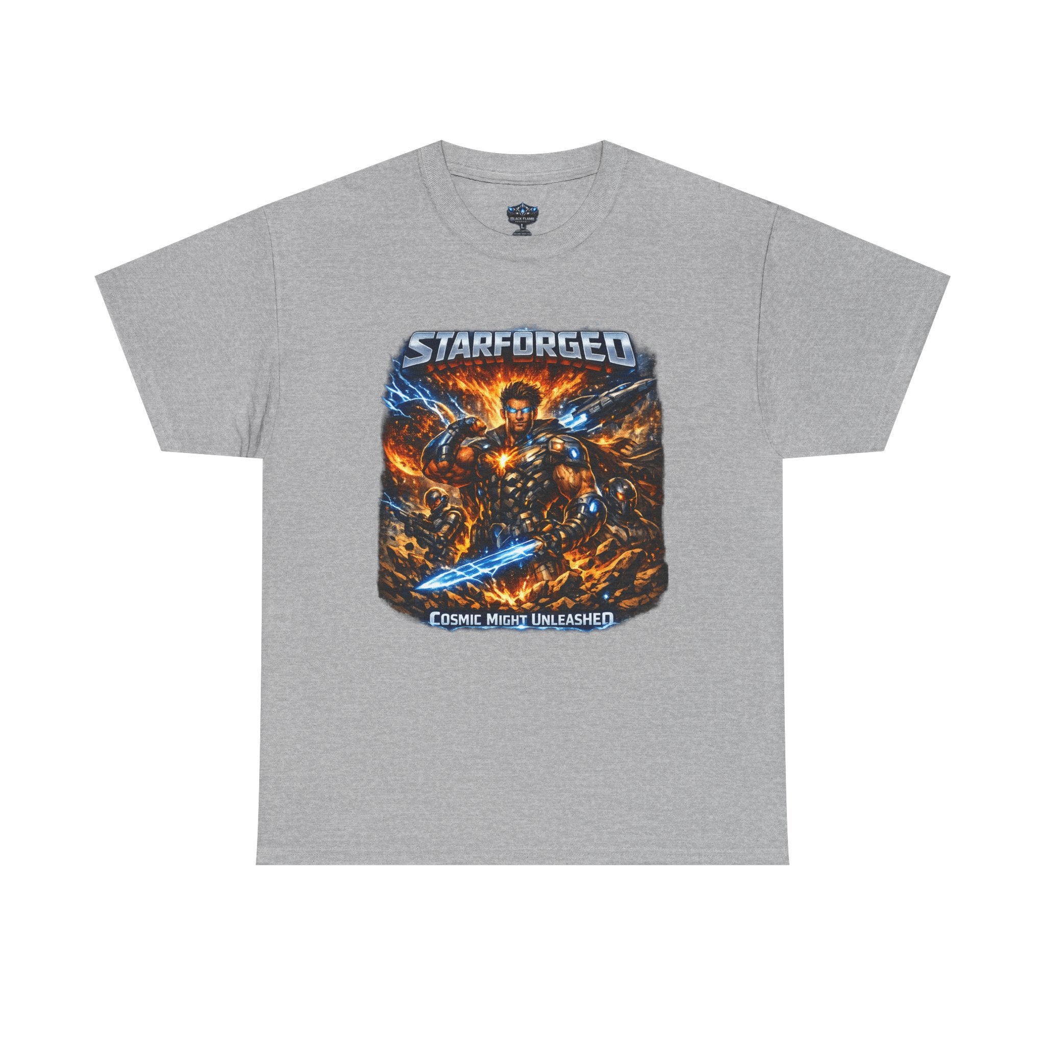 Power Runs Black PRB Starforged Sci‑Fi Graphic Tee (“Cosmic Metal Unleashed”) by Printify