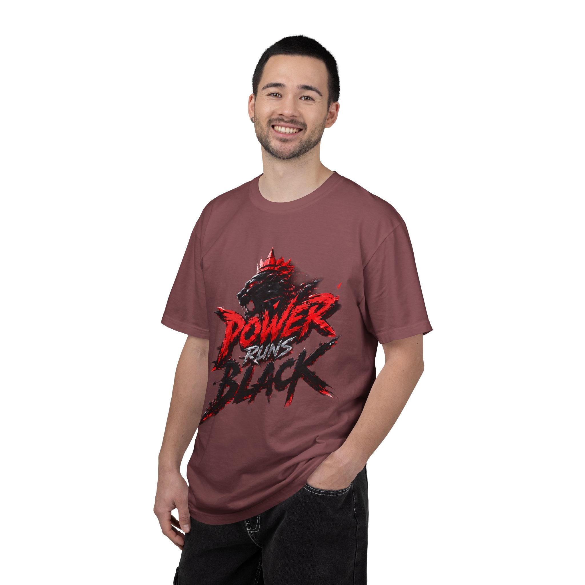Power Runs Black T-shirt | Wolf Silhouette, Red Black Graphic Tee by Power Runs Black