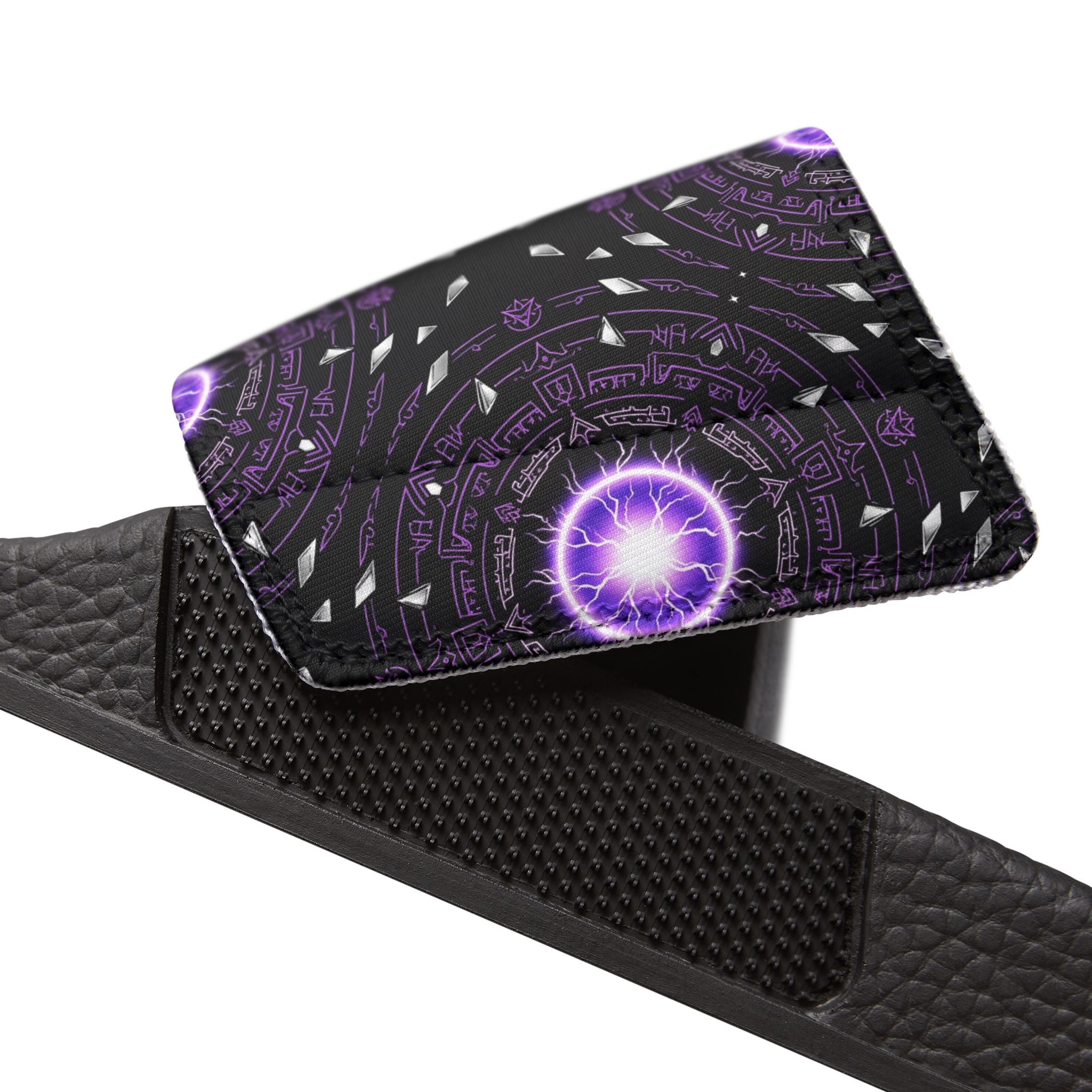 Power Runs Black Men's Removable-Strap Slide Sandals — Purple Cosmic Mandala Pattern by Power Runs Black