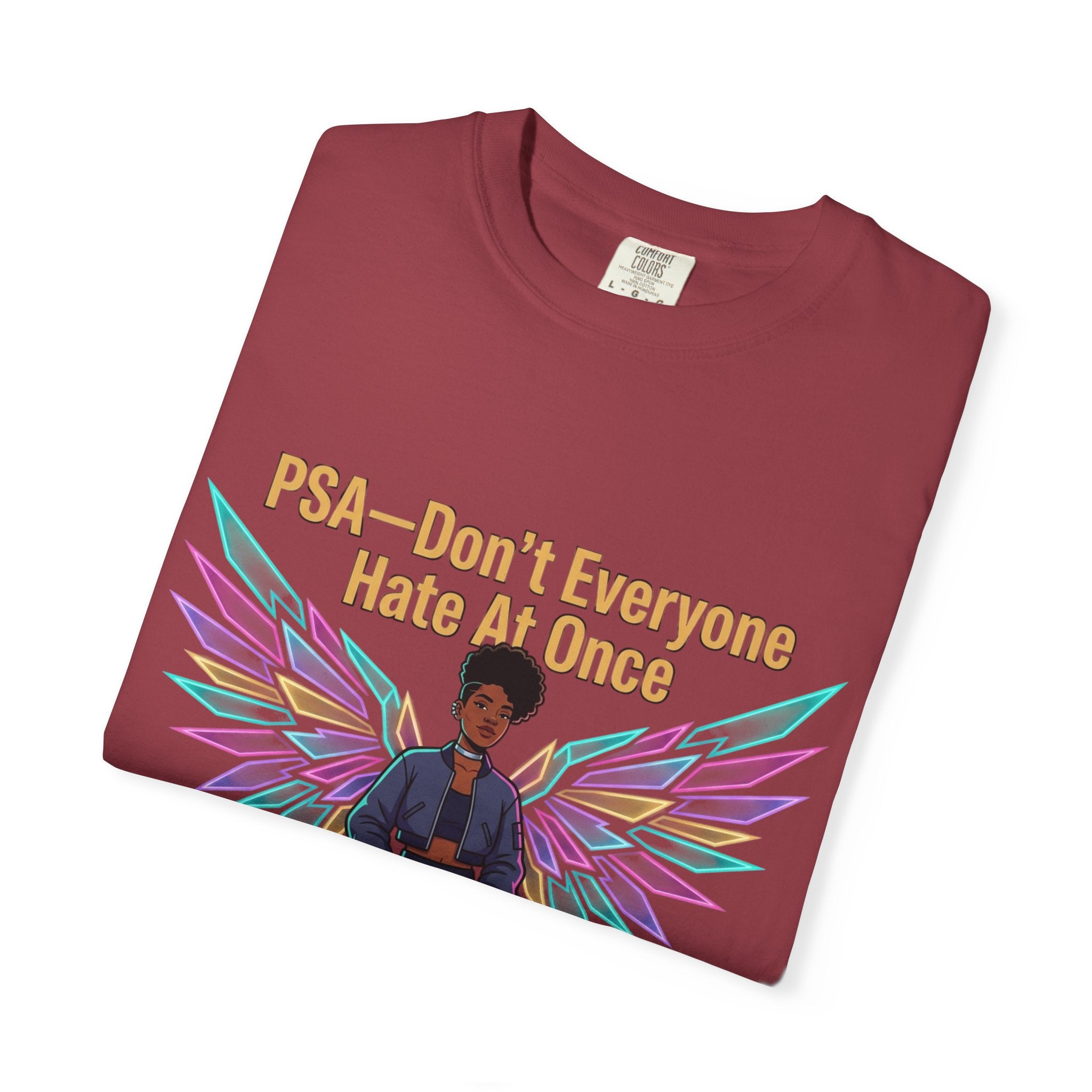 T-Shirt — PSA “Don't Everyone Hate At Once” Angel Wings Graphic Tee by Printify