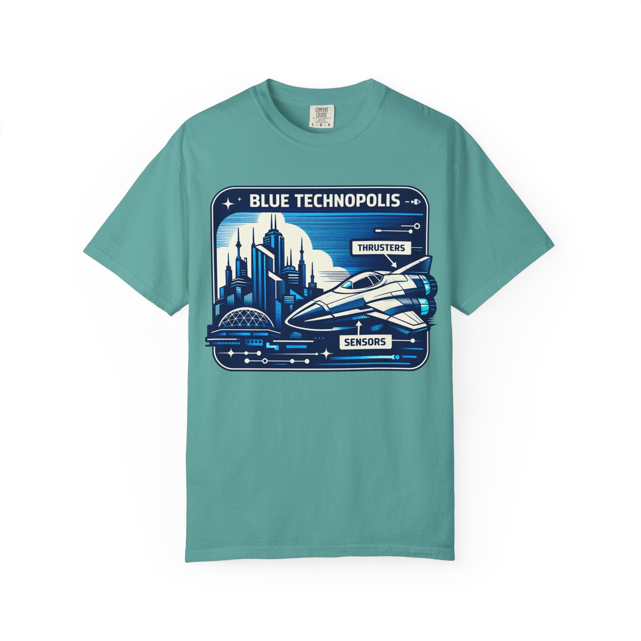 Power Runs Black PRB Technopolis Spacecraft T-Shirt — Blue Technopolis Retro Sci‑Fi Tee by Power Runs Black