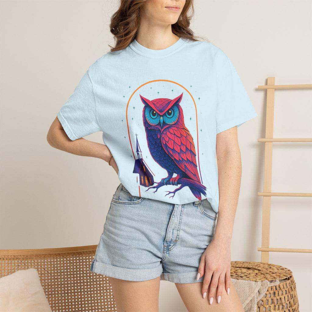 Neon Owl Illustration T-Shirt | Night Church Graphic Tee by Printify