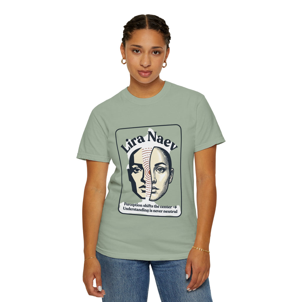 Power Runs Black PRB Lira Naev Split-Face Graphic T-Shirt — “Perception shifts the center” Statement Tee by Printify
