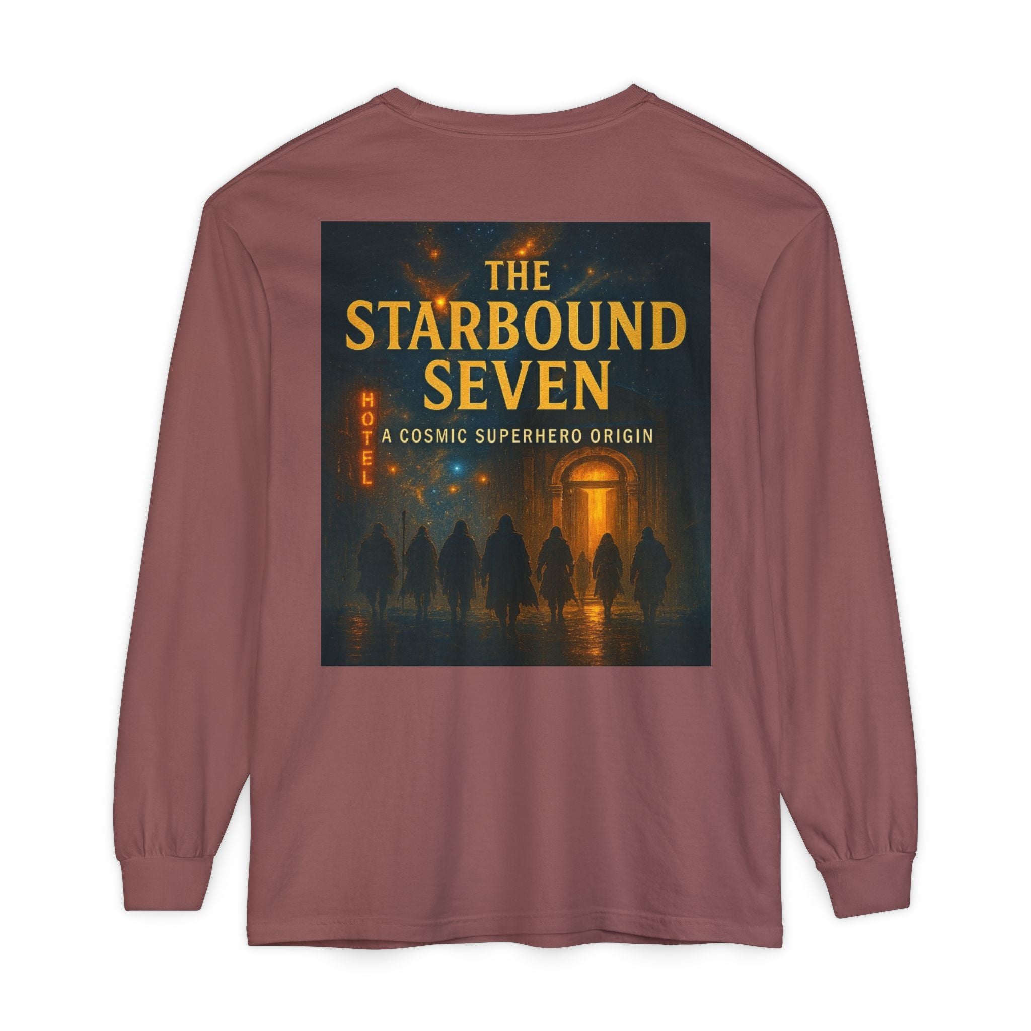 PRB The Starbound Seven graphic long sleeve shirt | cosmic superhero poster by Power Runs Black