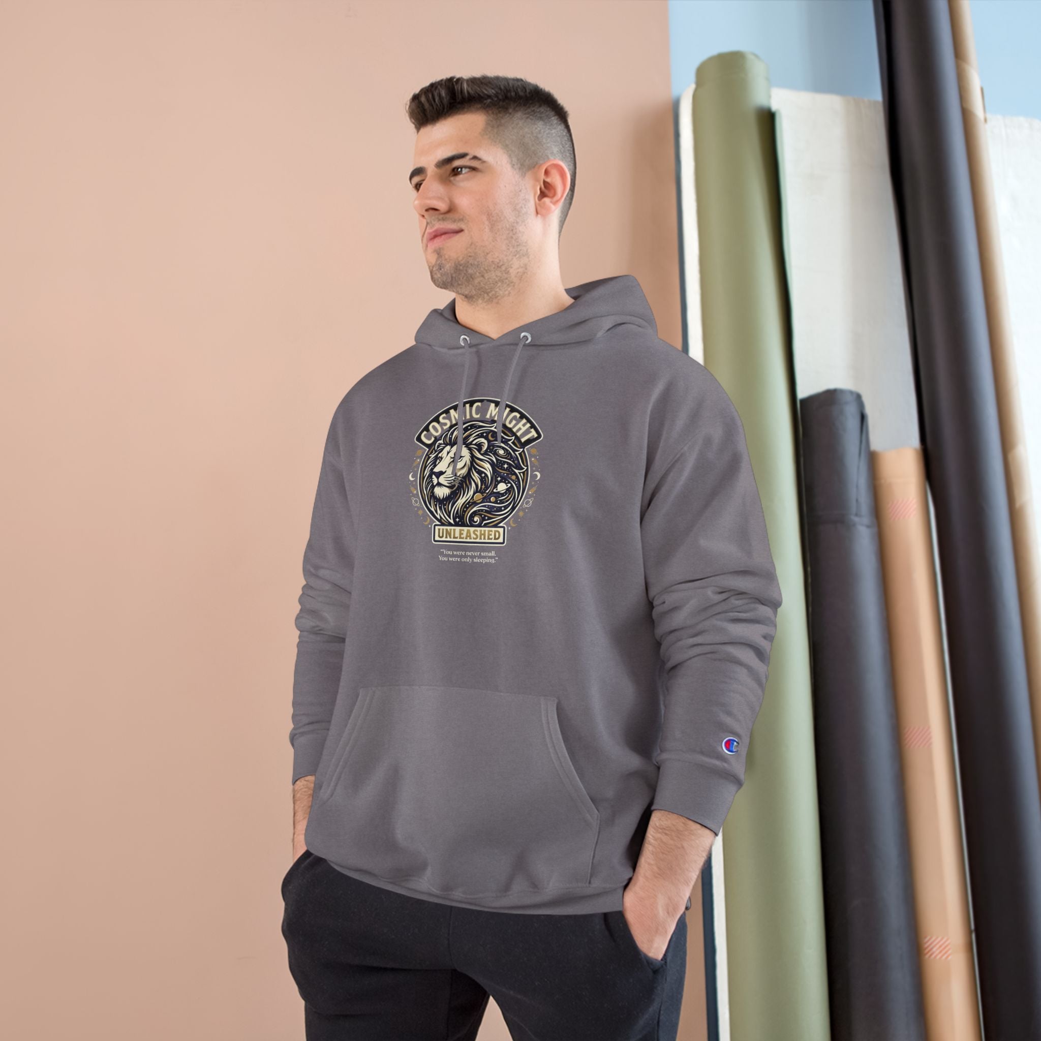 PRB Starforged Flex Cosmic Might Unleashed Lion Crest Hoodie — 'Unleashed' Athletic Champion Graphic Hoodie by Power Runs Black