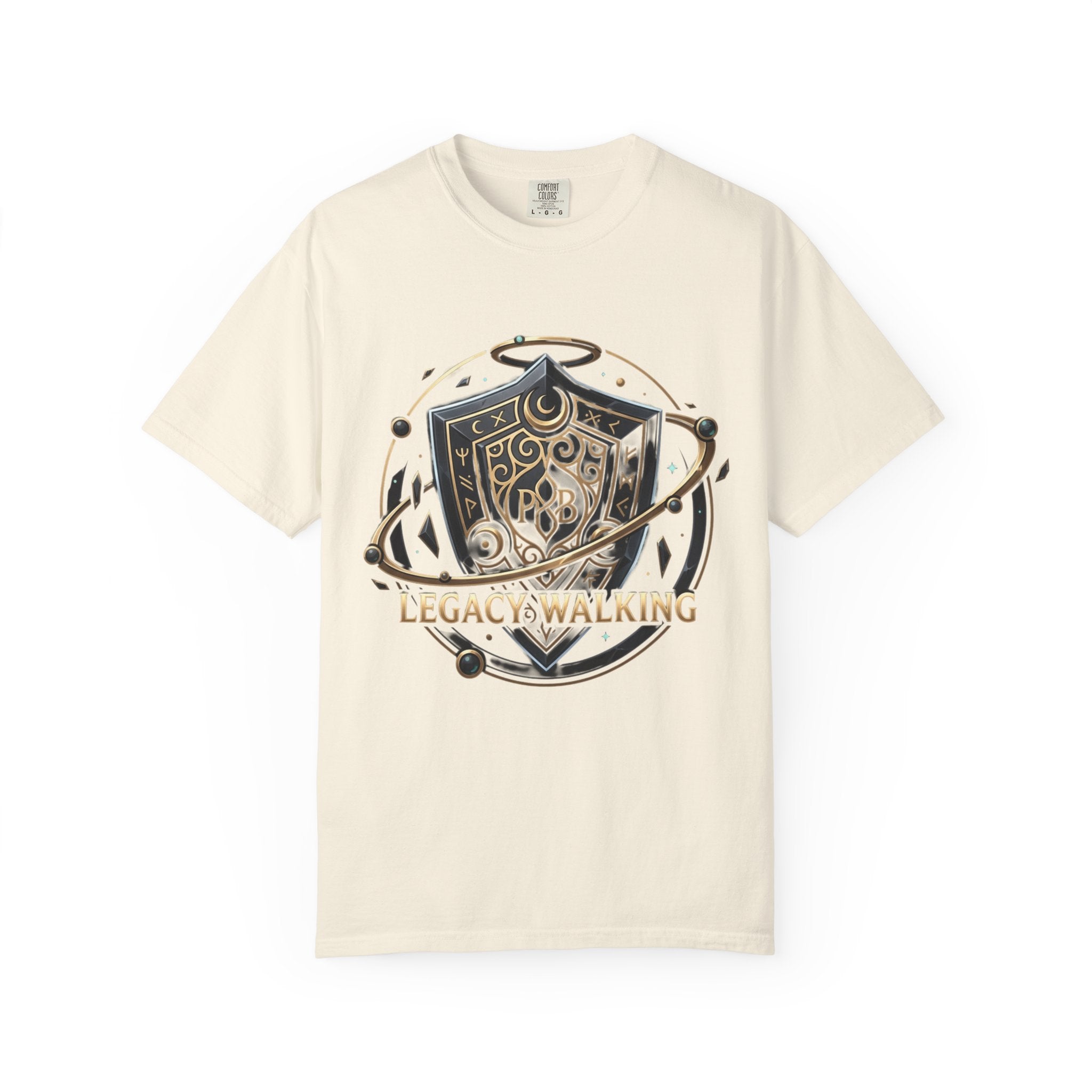 Legacy Walking Shield Graphic T-Shirt | Fantasy Crest Emblem Tee by Printify