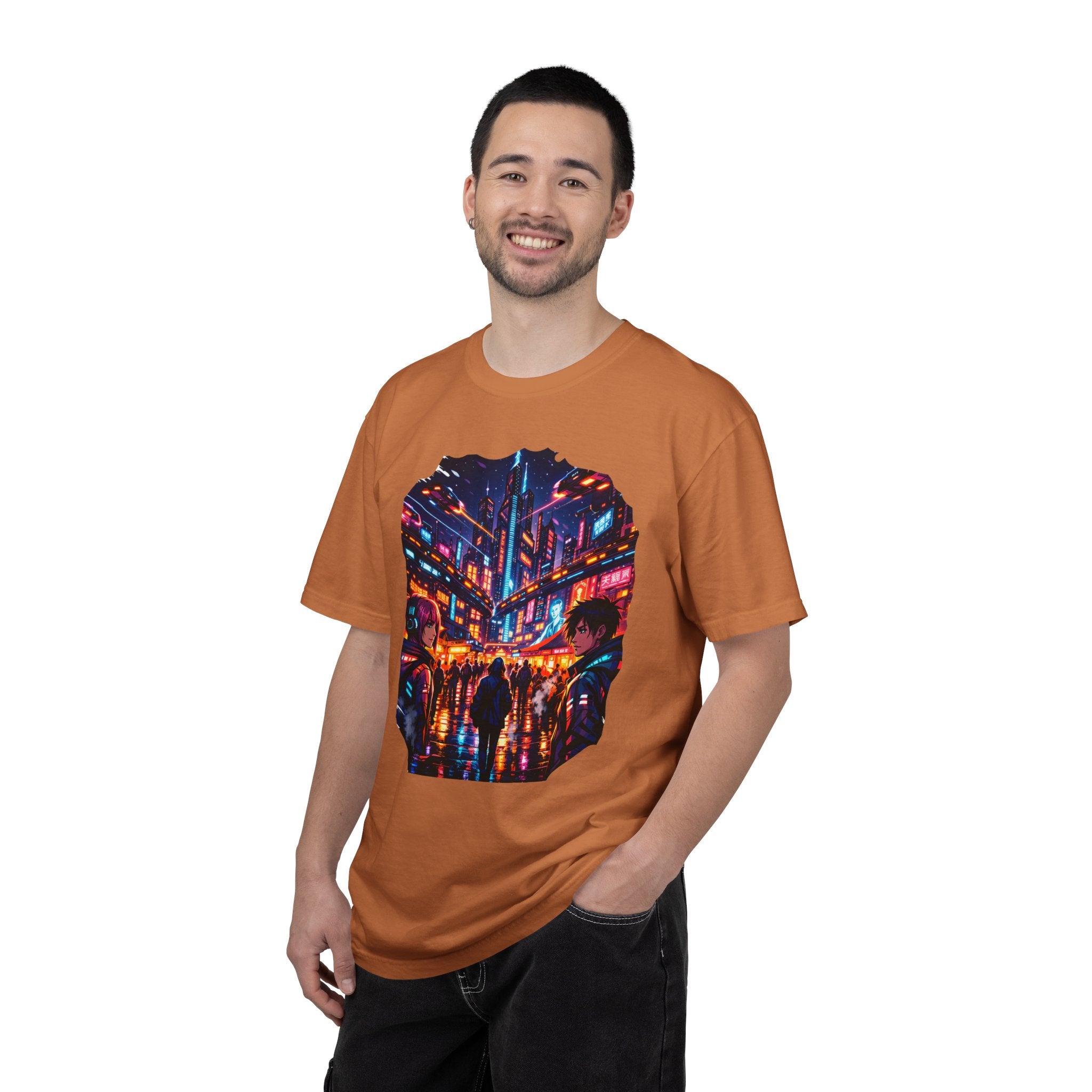 PRB Neon Cyberpunk Cityscape T-shirt | Anime Night Rain Streets by Power Runs Black