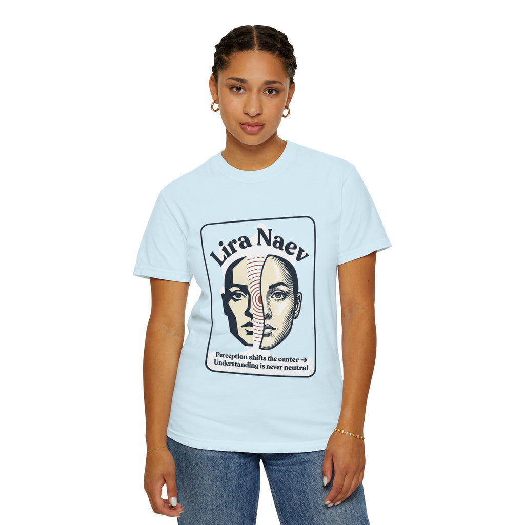 Power Runs Black PRB Lira Naev Split-Face Graphic T-Shirt — “Perception shifts the center” Statement Tee by Printify