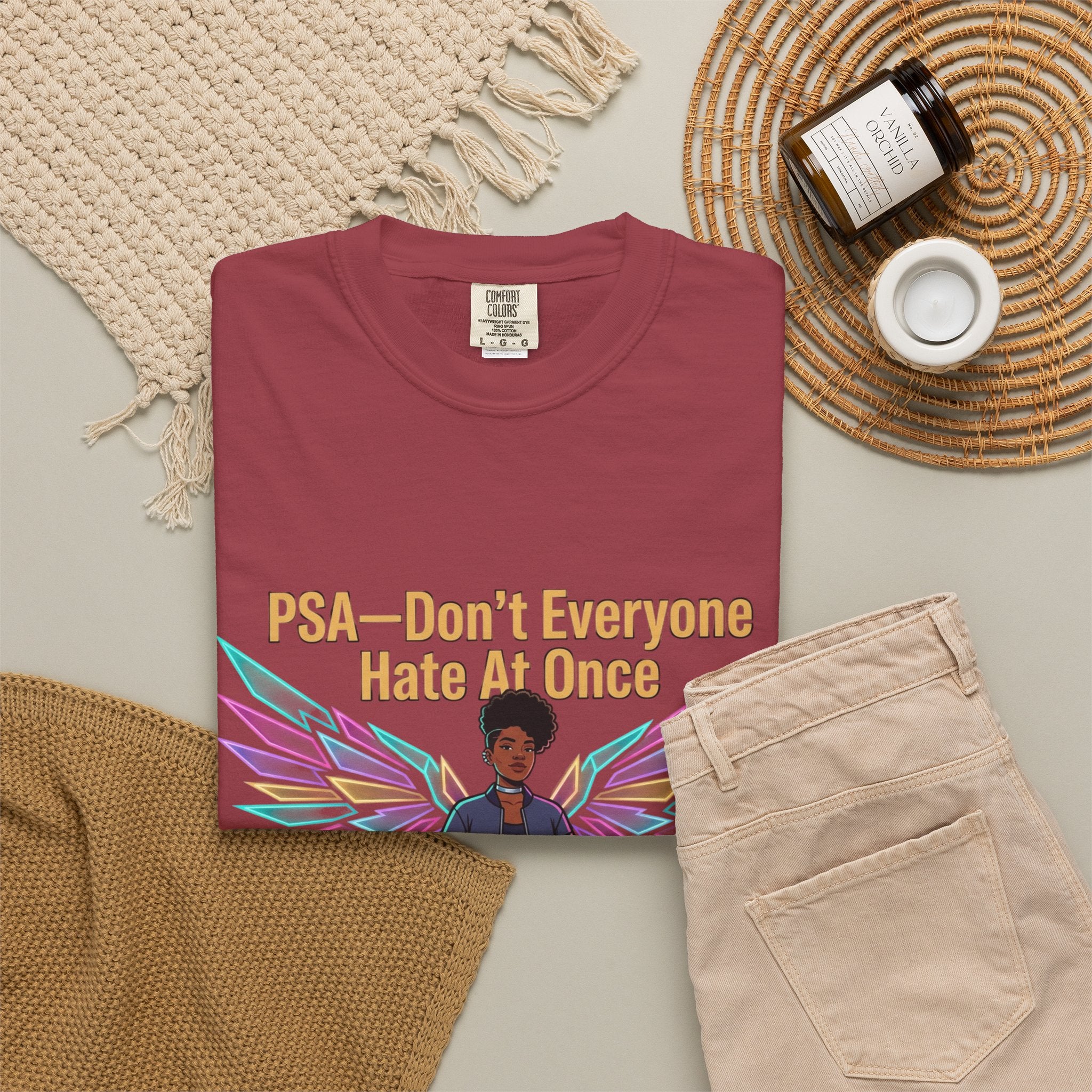 T-Shirt — PSA “Don't Everyone Hate At Once” Angel Wings Graphic Tee by Printify