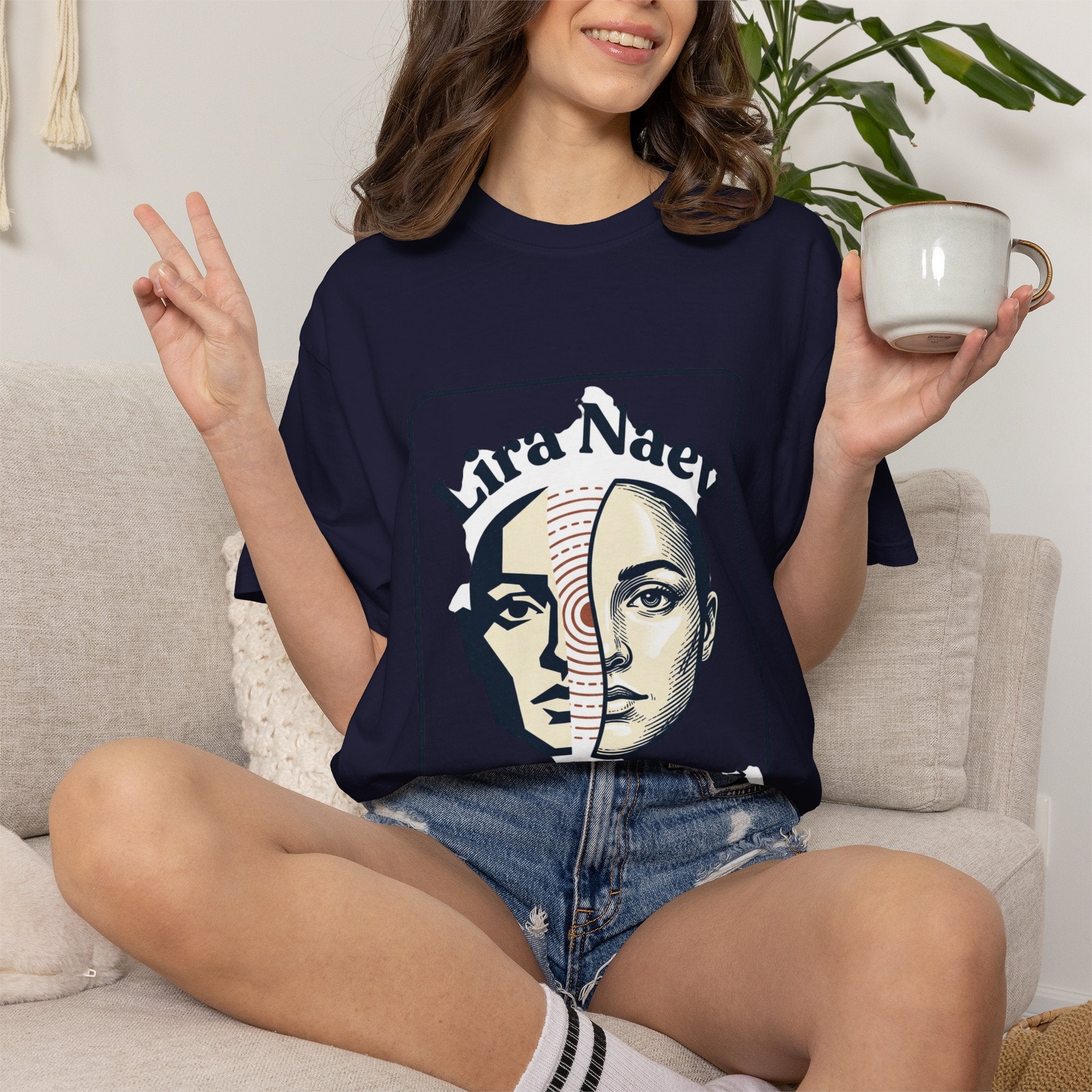Power Runs Black PRB Lira Naev Split-Face Graphic T-Shirt — “Perception shifts the center” Statement Tee by Printify