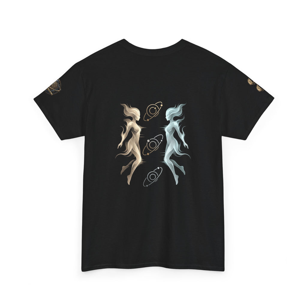Power Runs Black Gemini Spirit Tee — Twin Sun & Moon Celestial Graphic T-Shirt by Printify