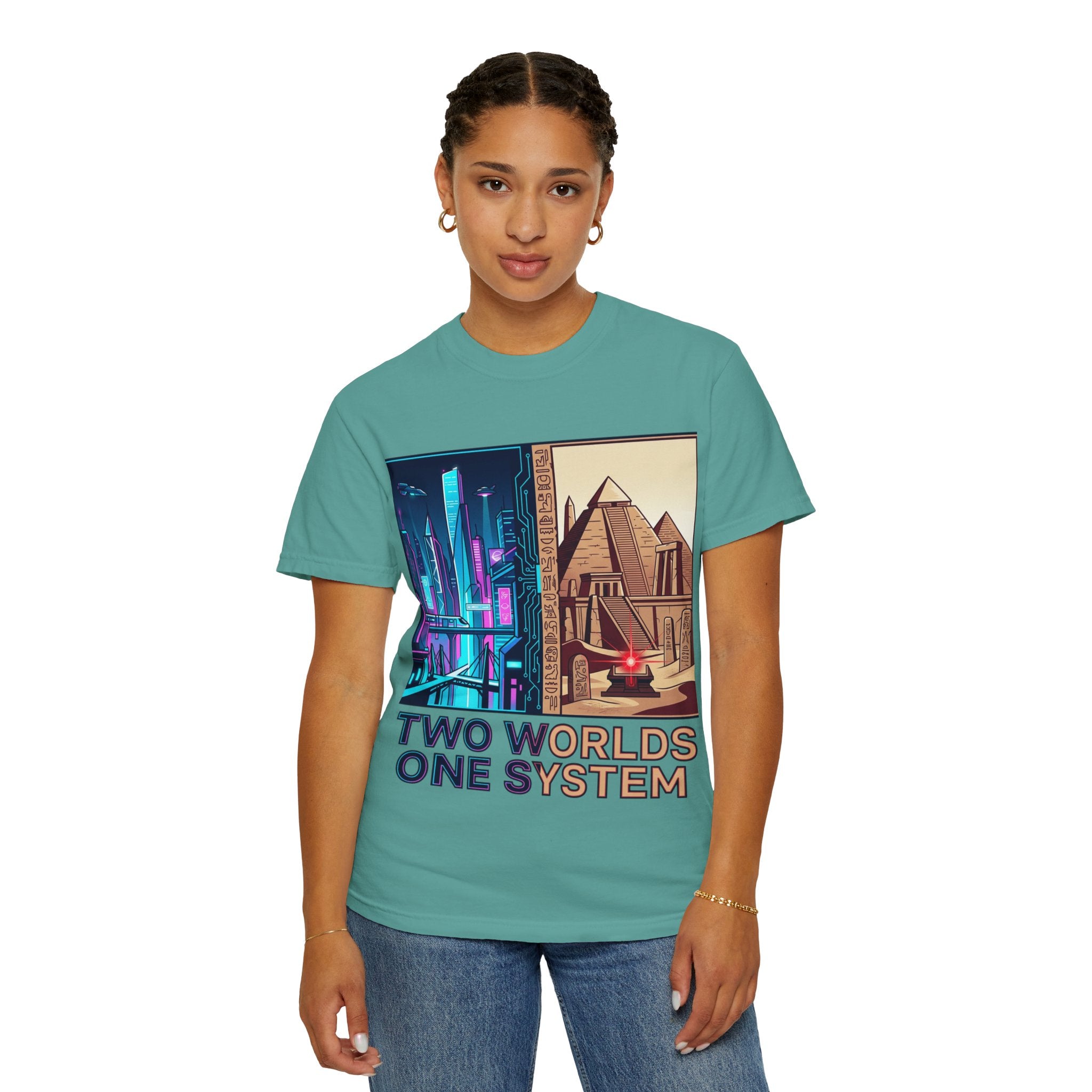Power Runs Black PRB Blue Technopolis/ Red Dominion Two Worlds One System T-Shirt by Power Runs Black