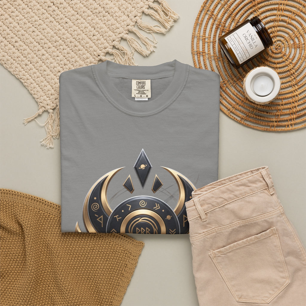 Power Runs Black Mystic Compass Disc T-Shirt — Geometric Gold & Black Emblem Tee by Printify