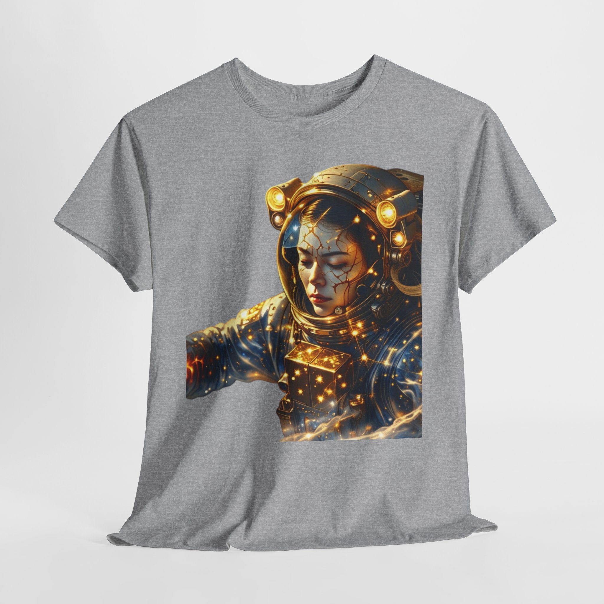 Power Runs Black PRB Golden Astronaut Portrait T-Shirt | Space Helmet Art, Cosmic Lights by Printify