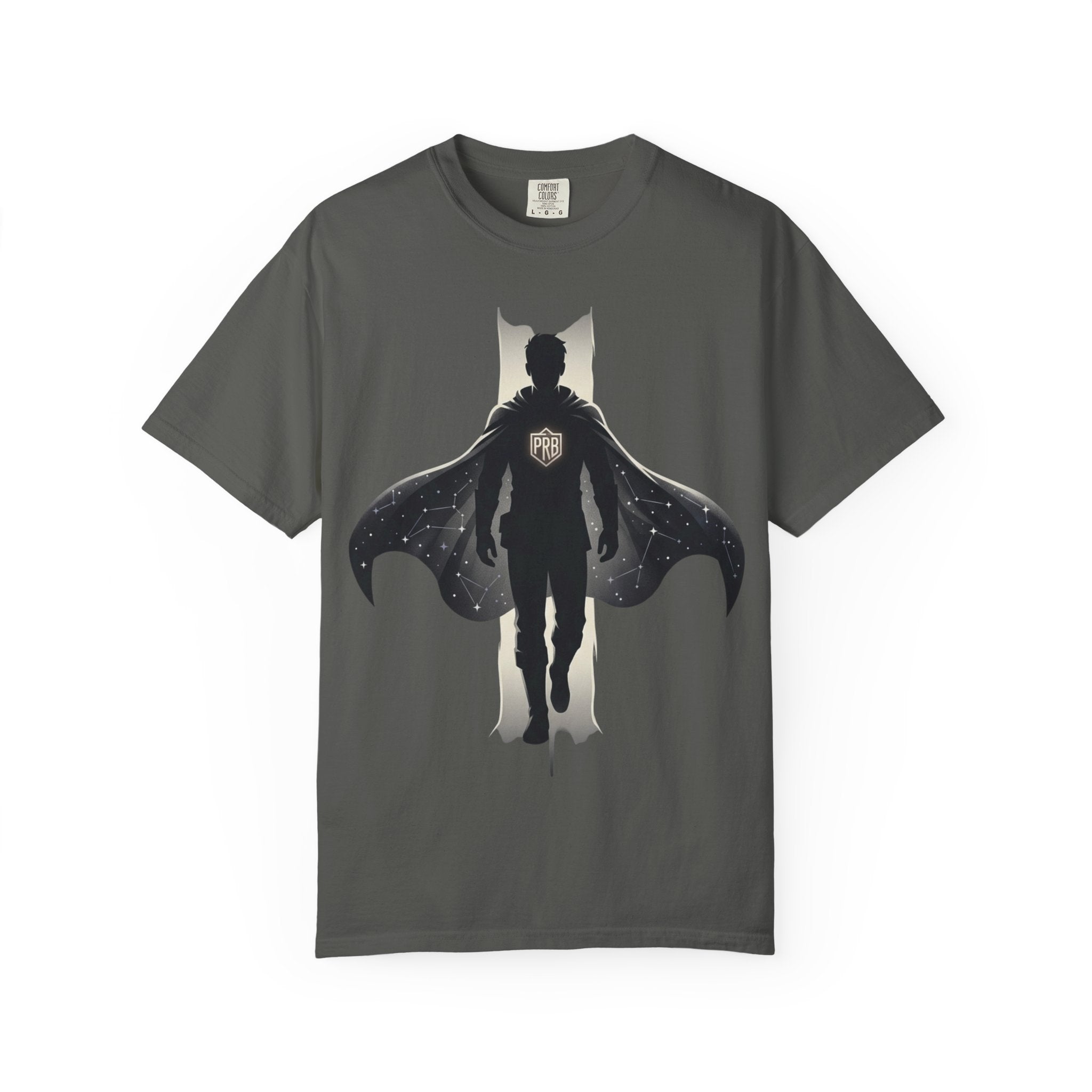 Power Runs Black Silhouette PRB Superhero with Cape T-shirt | Night Sky Emblem, Graphic Tee by Printify
