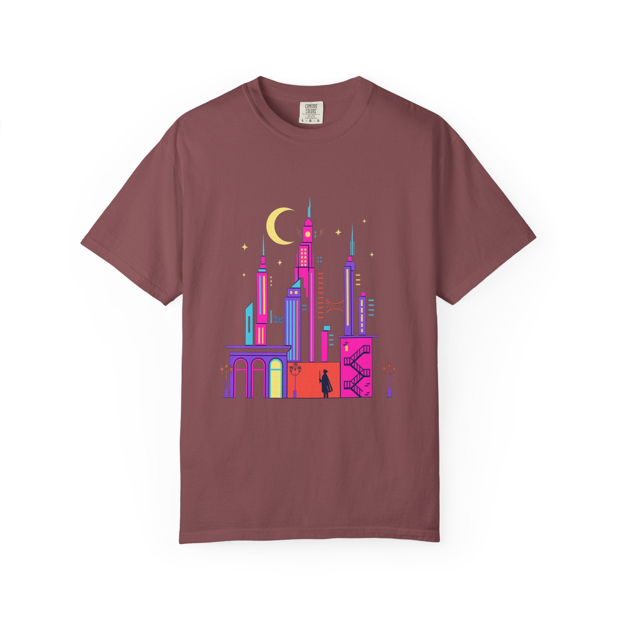 Power Runs Black PRB Neon City Skyline T-shirt | Vibrant Urban Nightscape Tee by Printify