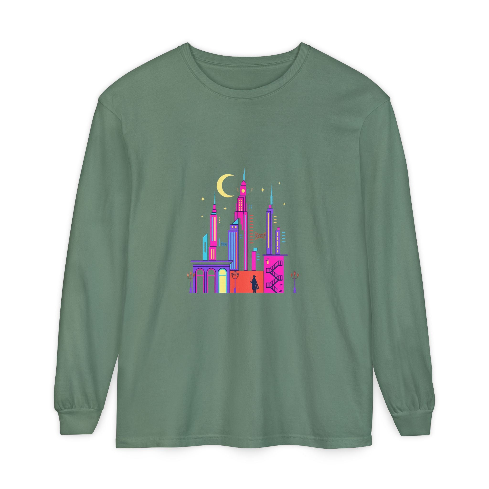 PRB Neon City Skyline Long Sleeve Shirt | Urban Nightscape Illustration by Power Runs Black