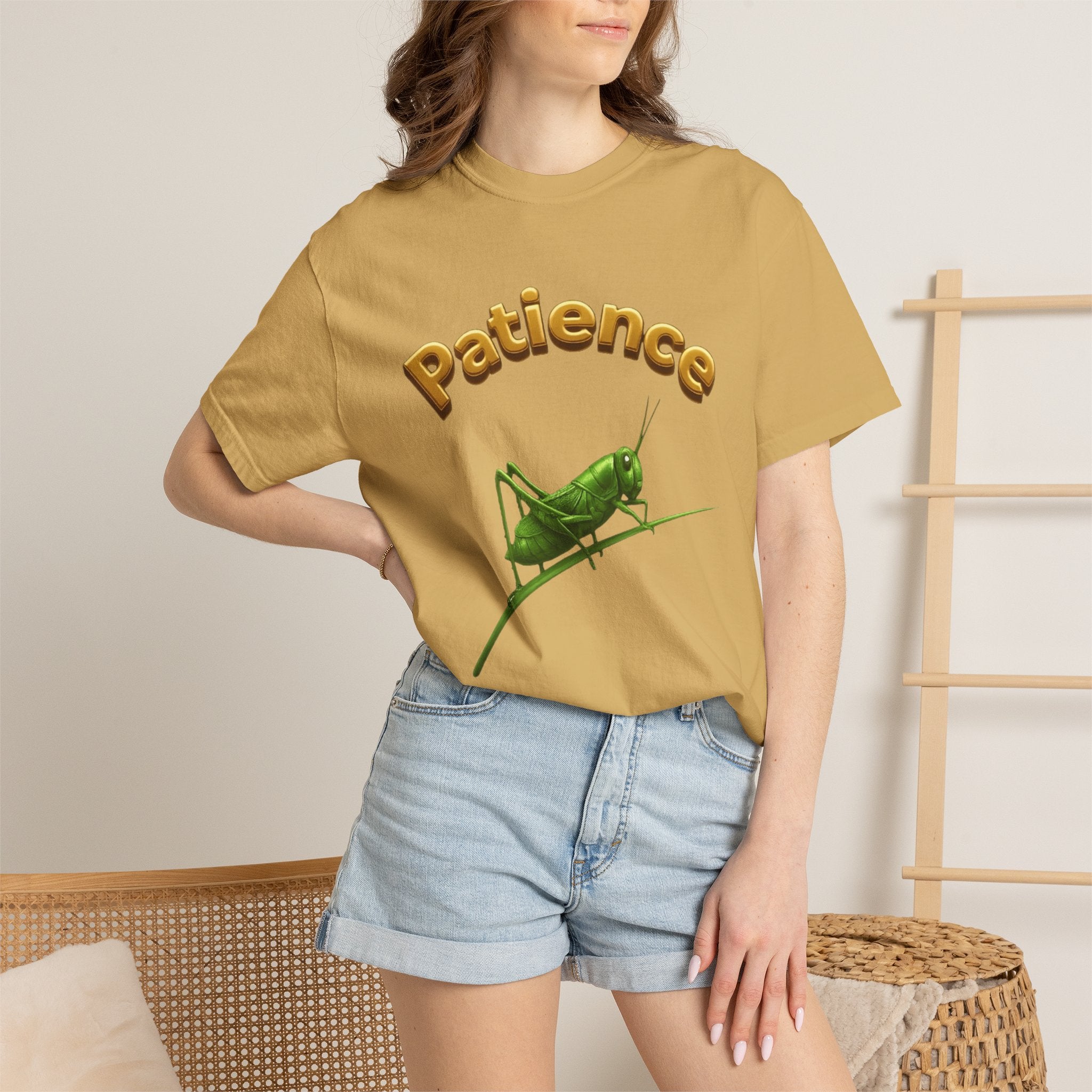 PRB Patience Grasshopper T-shirt | Green Grasshopper Illustration, Positive Quote by Printify