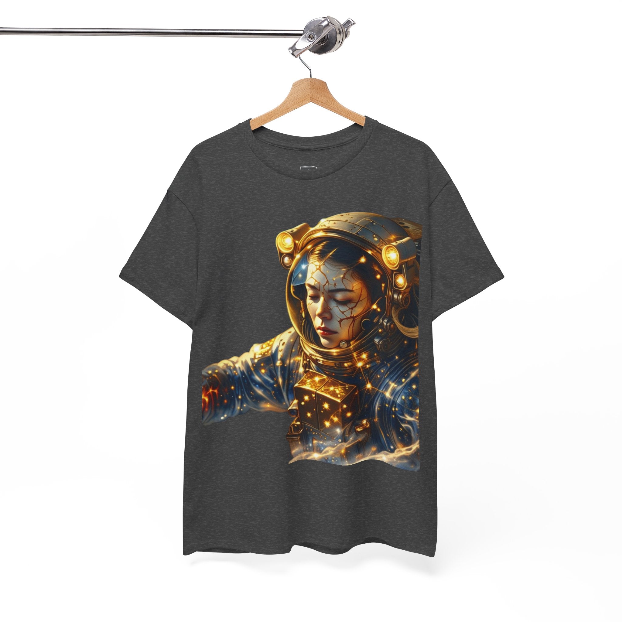 Power Runs Black PRB Golden Astronaut Portrait T-Shirt | Space Helmet Art, Cosmic Lights by Printify