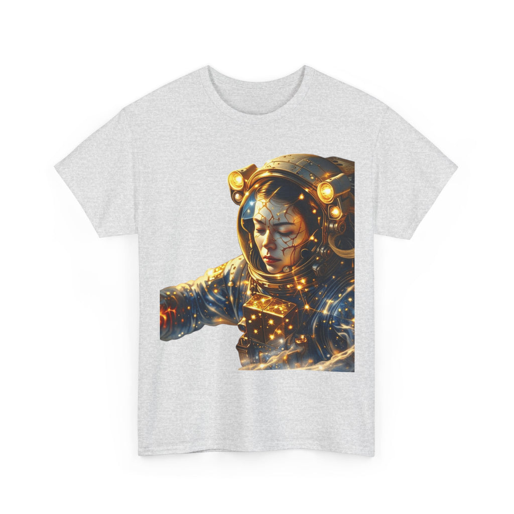 PRB Golden Astronaut Portrait T-Shirt | Space Helmet Art, Cosmic Lights by Power Runs Black
