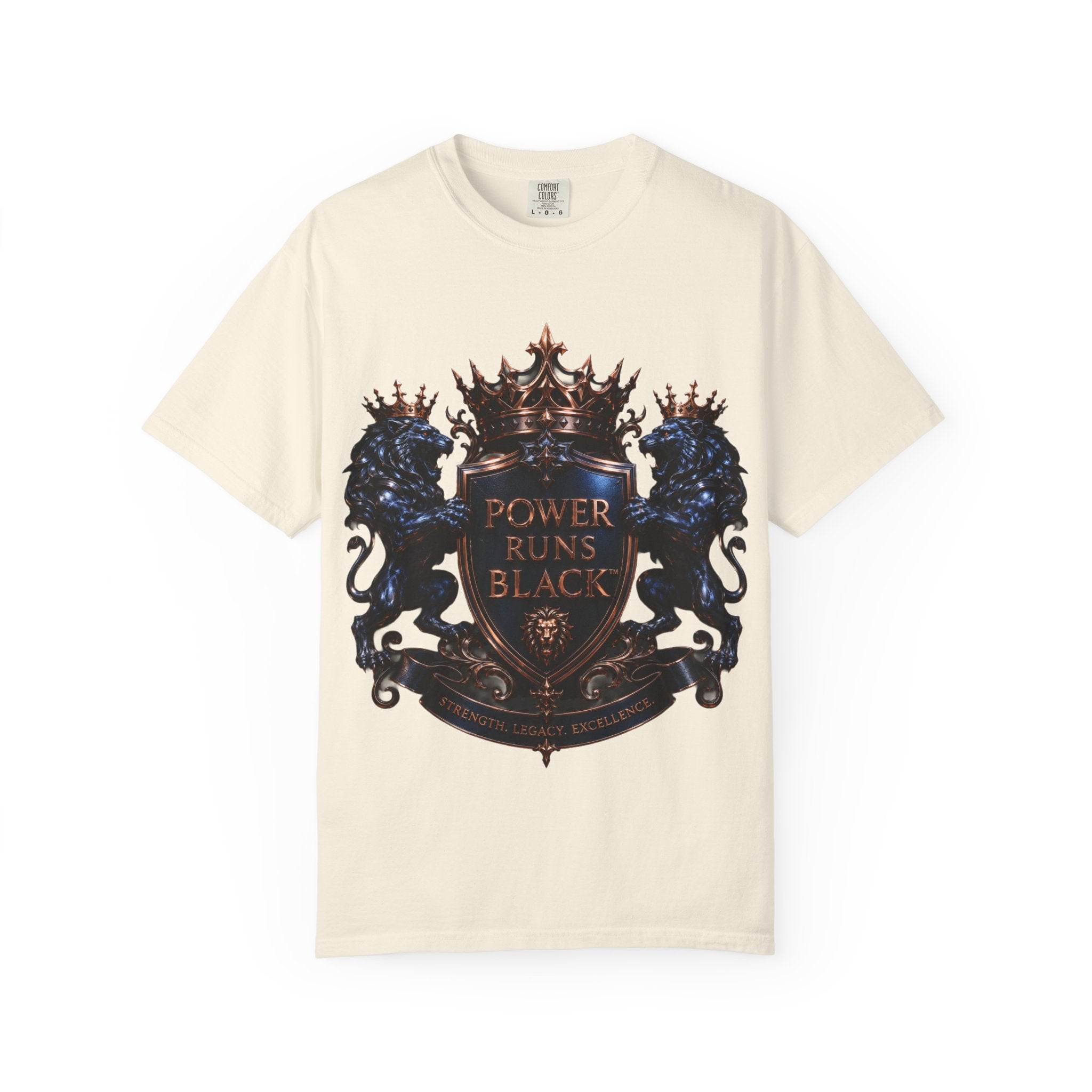 Power Runs Black Crest T-shirt | Heraldic Lion Shield Tee by Power Runs Black