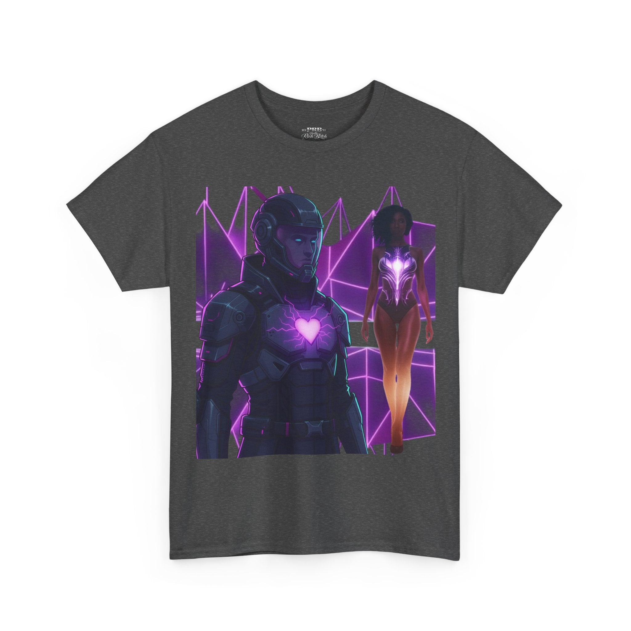 Power Run Black PRB Pretty Rich Bitch The Collection Purple Heart Cyberpunk Knight T-Shirt | Futuristic Armor Sci‑Fi Tee by Printify