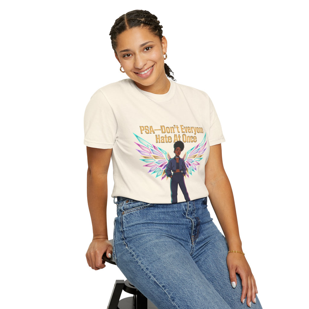 T-Shirt — PSA “Don't Everyone Hate At Once” Angel Wings Graphic Tee by Printify
