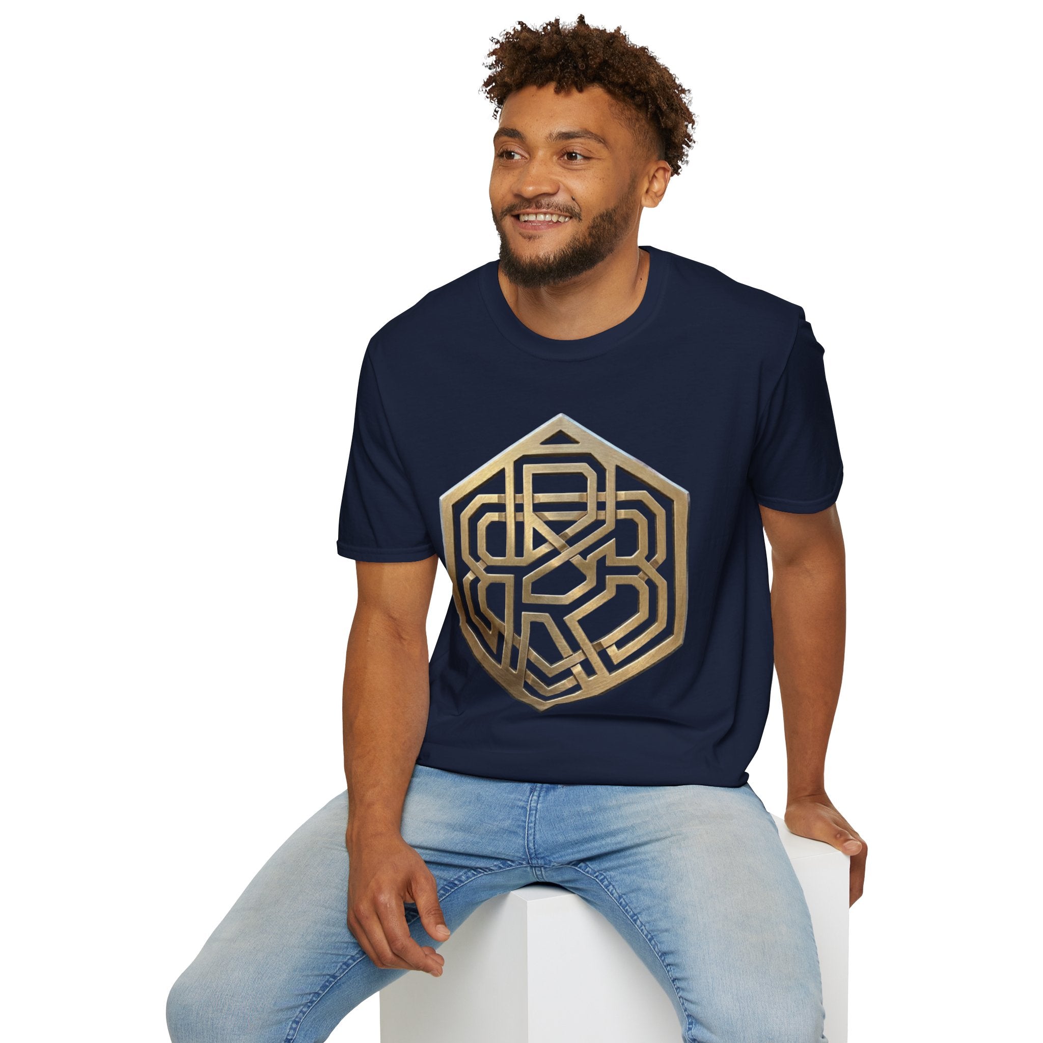 Power Runs Black PRB Geometric Gold Hexagon T-Shirt — Modern Maze Logo Tee by Printify