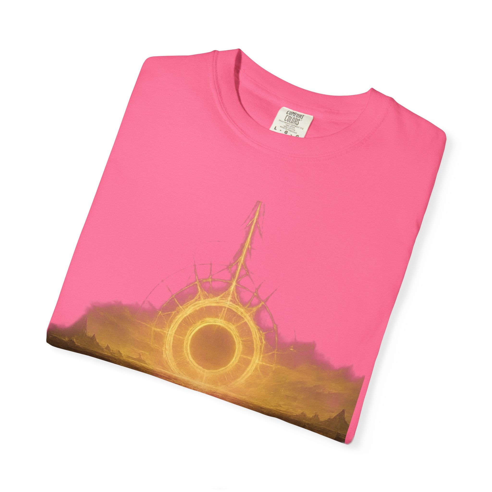 Power Runs Black PRB Golden Eclipse Portal T-shirt | Fantasy Landscape, Mystic Ring, Tower Art by Power Runs Black