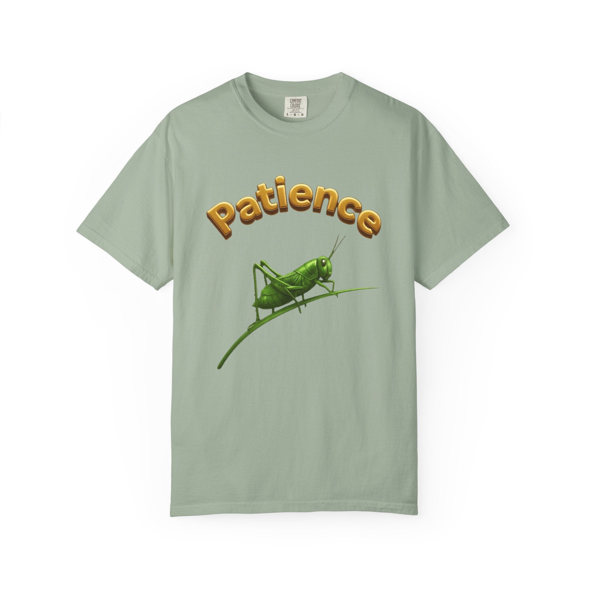 PRB Patience Grasshopper T-shirt | Green Grasshopper Illustration, Positive Quote by Printify
