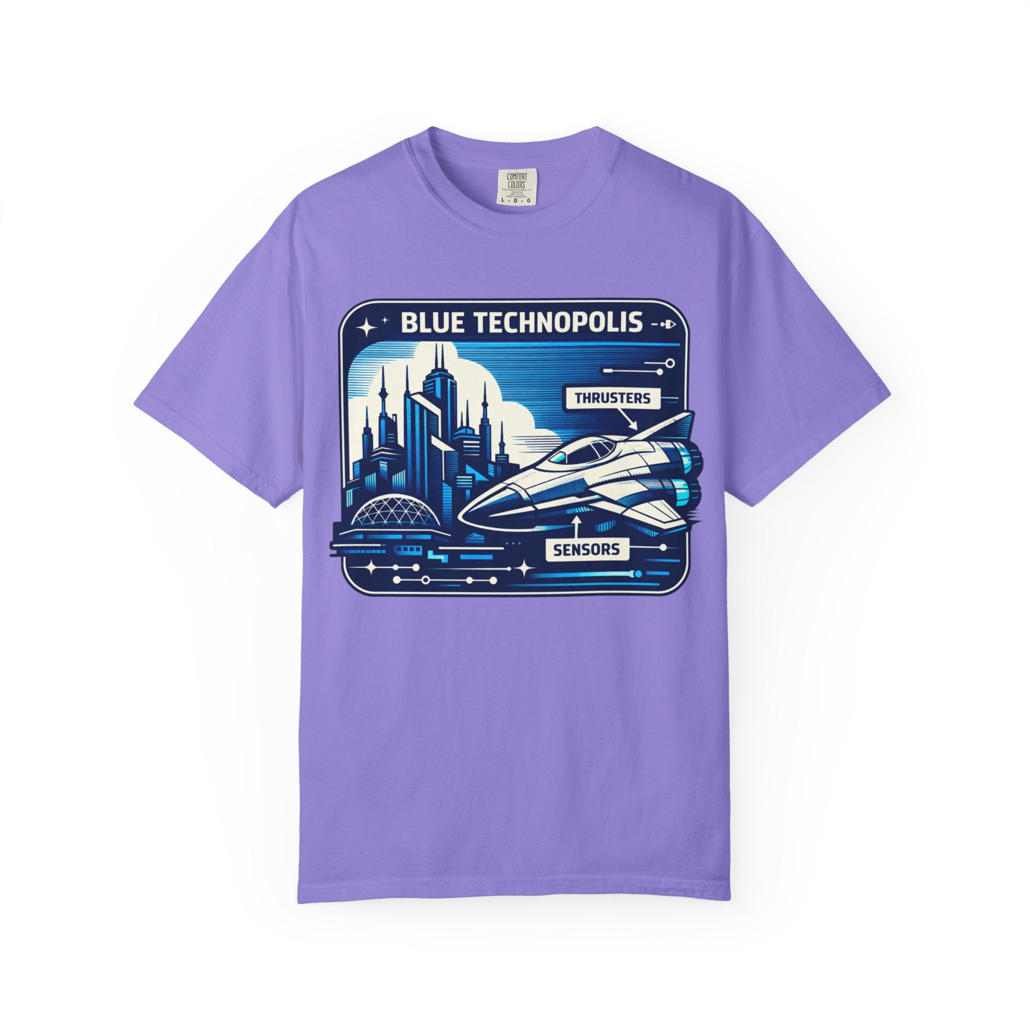 Power Runs Black PRB Technopolis Spacecraft T-Shirt — Blue Technopolis Retro Sci‑Fi Tee by Printify