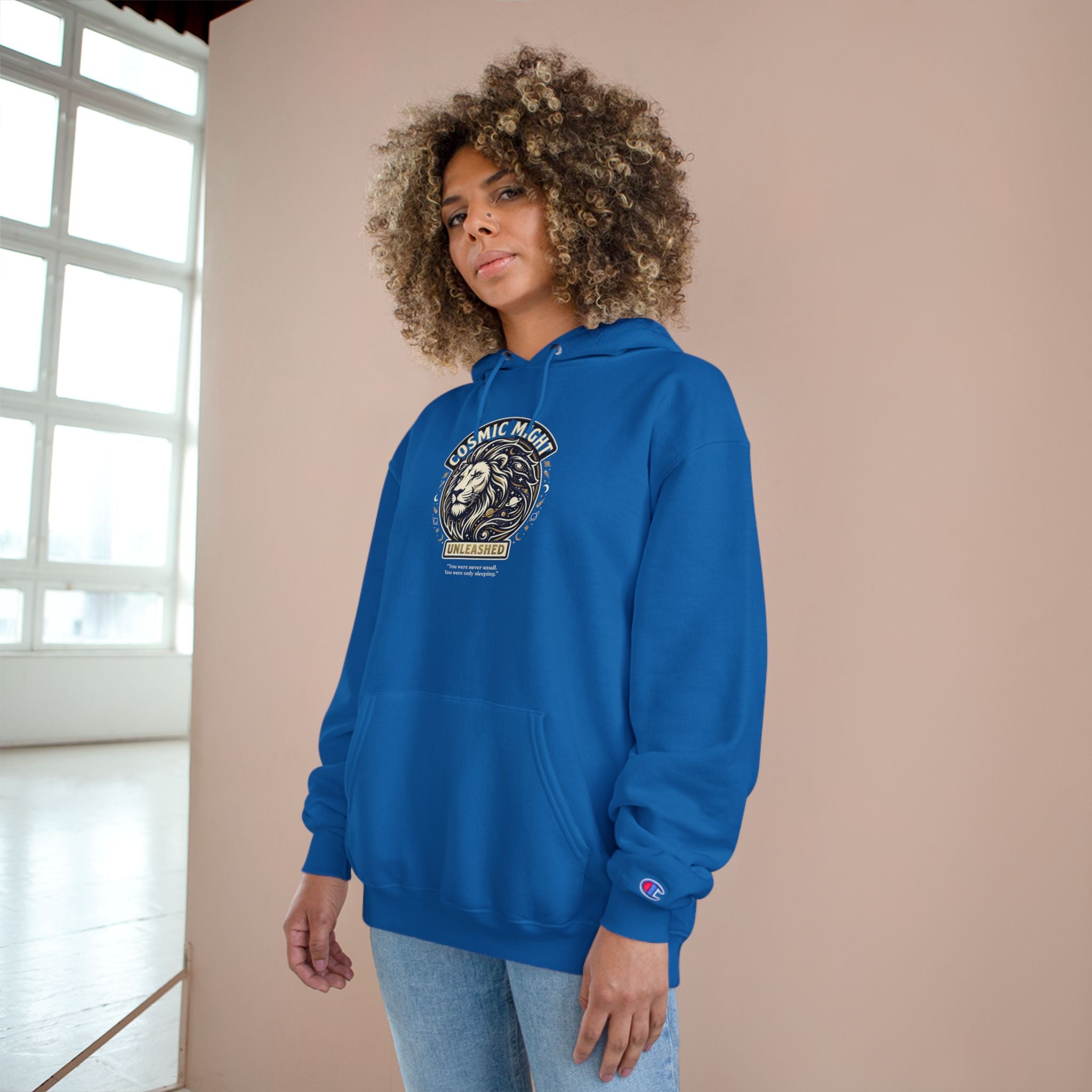 PRB Starforged Flex Cosmic Might Unleashed Lion Crest Hoodie — 'Unleashed' Athletic Champion Graphic Hoodie by Power Runs Black
