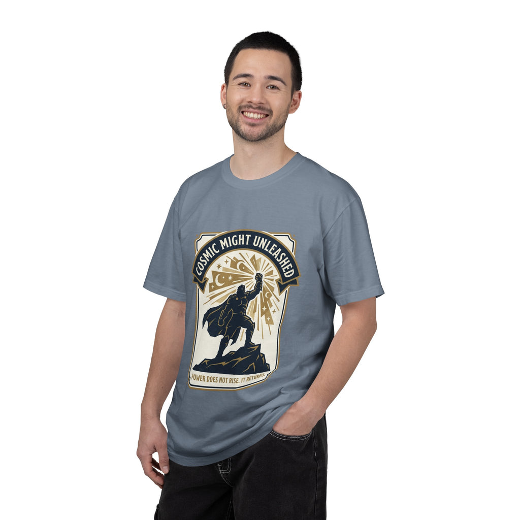 PRB Starforged Flex Cosmic Might Unleashed T-Shirt — Retro Superhero Space Graphic ('Power Does Not Rise, It Returns') by Power Runs Black