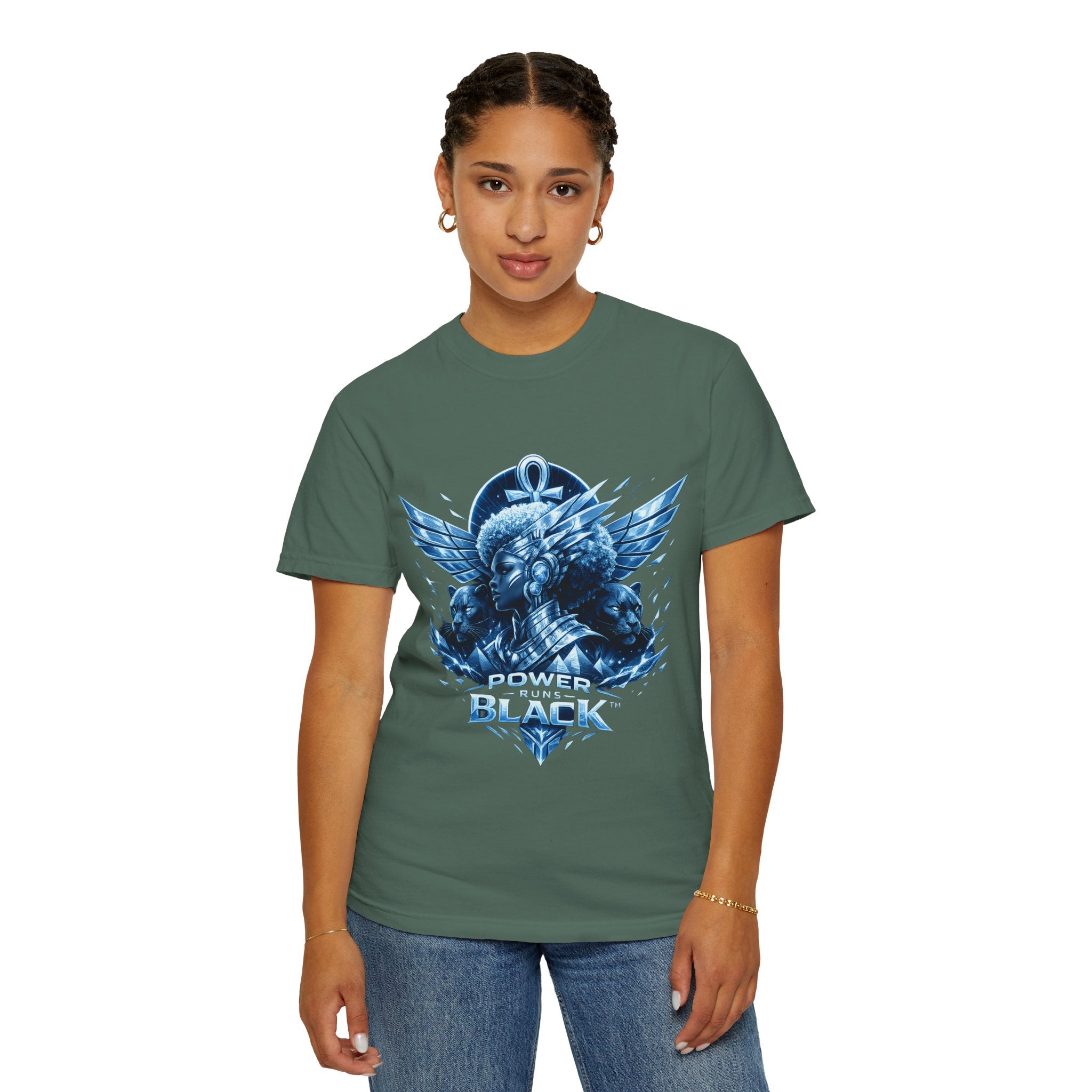 Power of Black Graphic T-Shirt — Egyptian Ankh Warrior Design by Power Runs Black