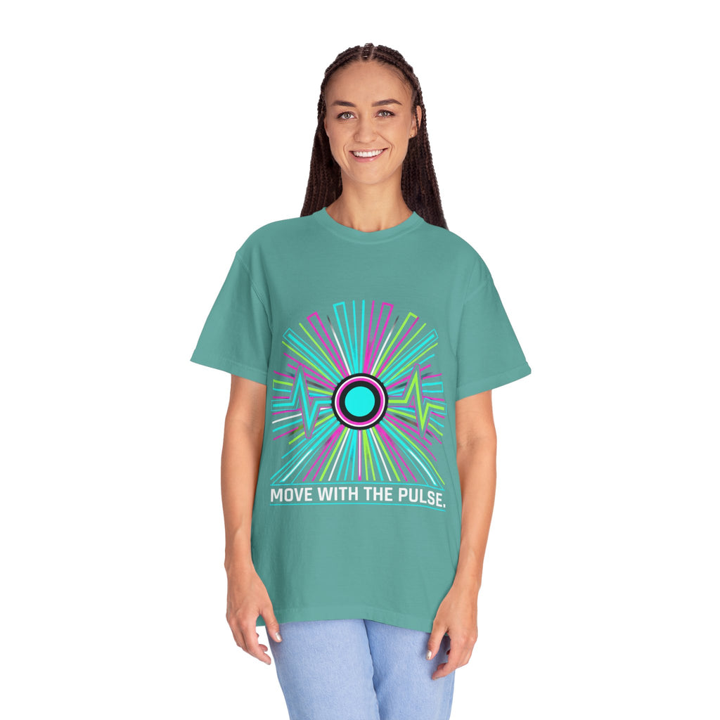 Power Runs Black PRB Electric "Move With Pulse" Graphic T-Shirt — Neon Sunburst Design by Power Runs Black