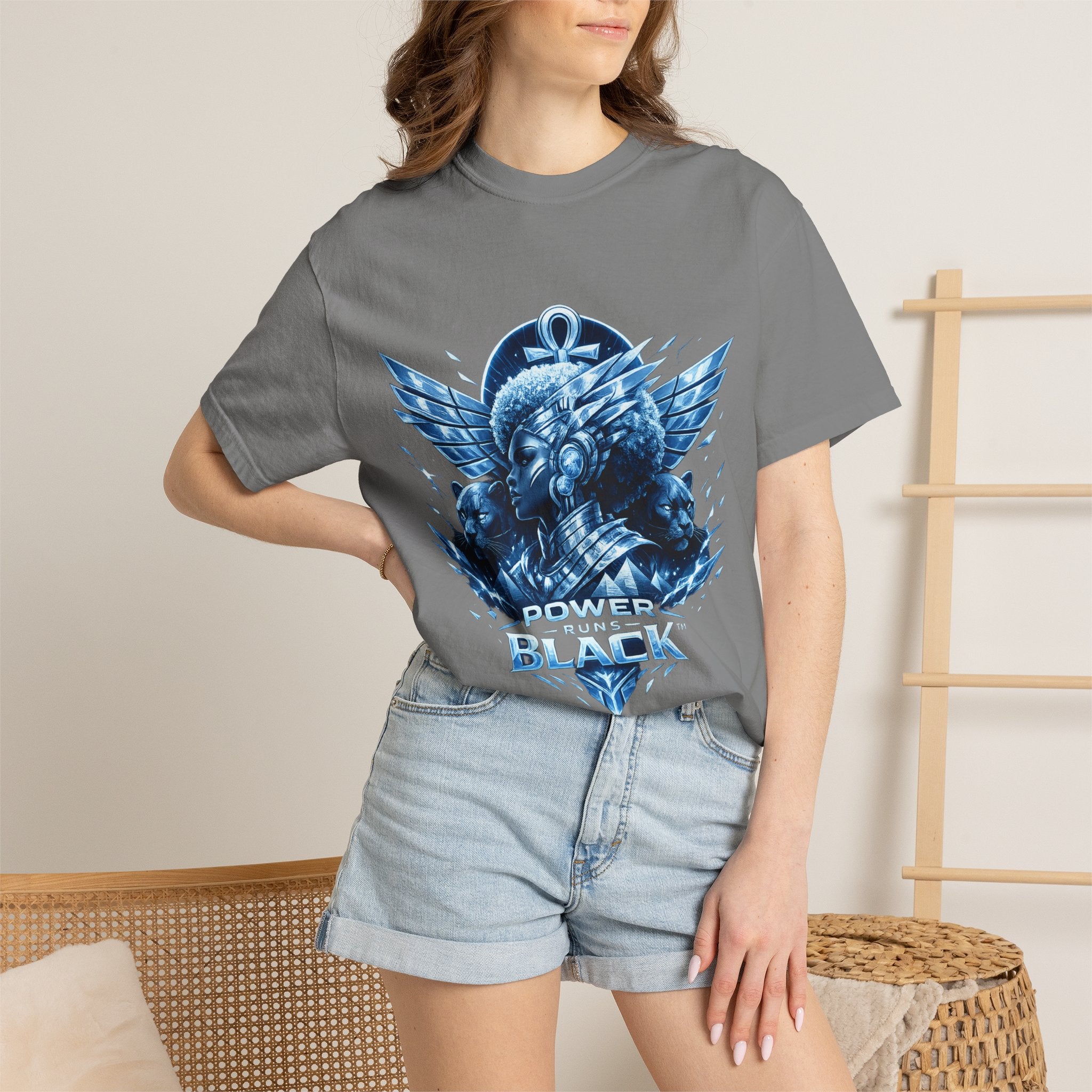 Power of Black Graphic T-Shirt — Egyptian Ankh Warrior Design by Power Runs Black