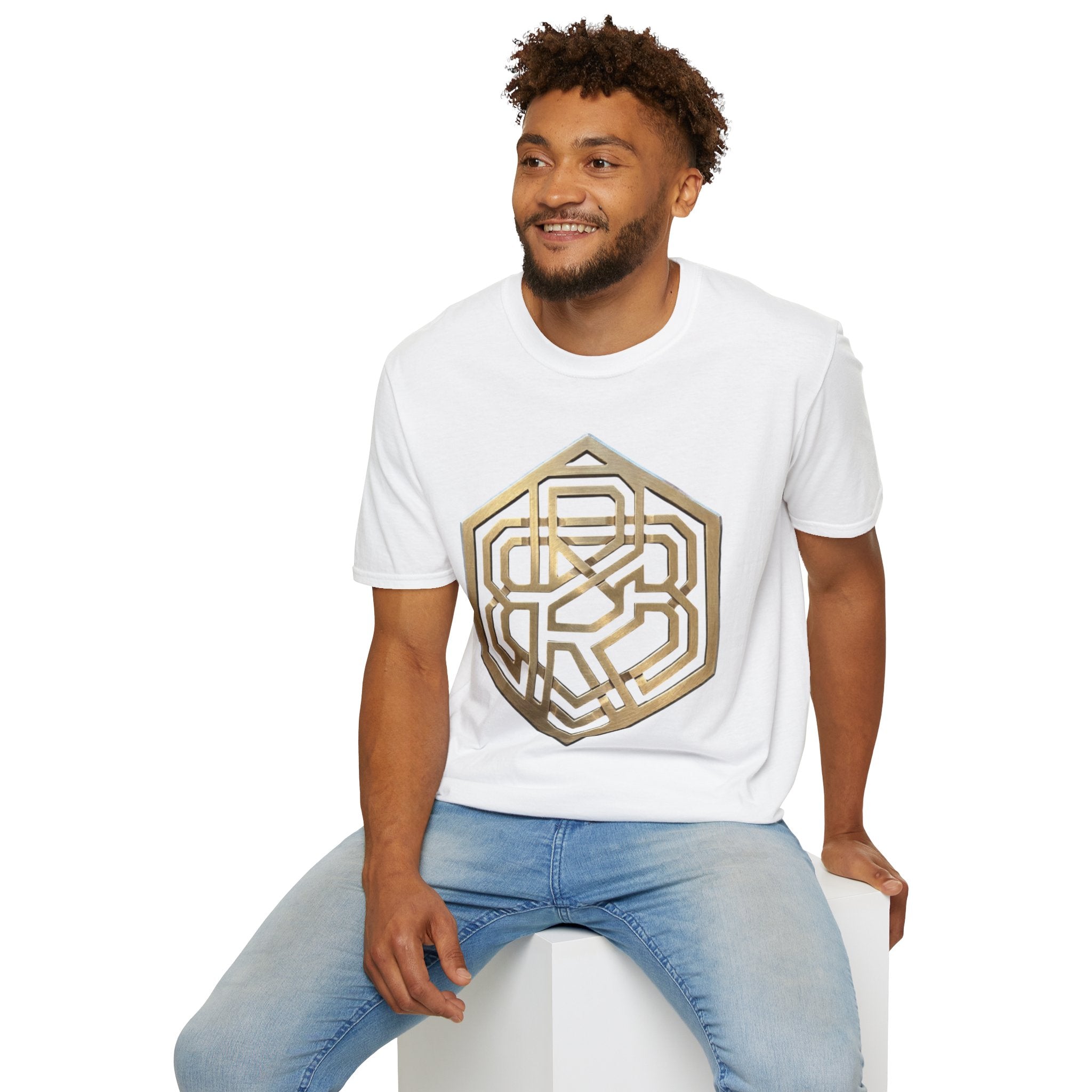 Power Runs Black PRB Geometric Gold Hexagon T-Shirt — Modern Maze Logo Tee by Printify