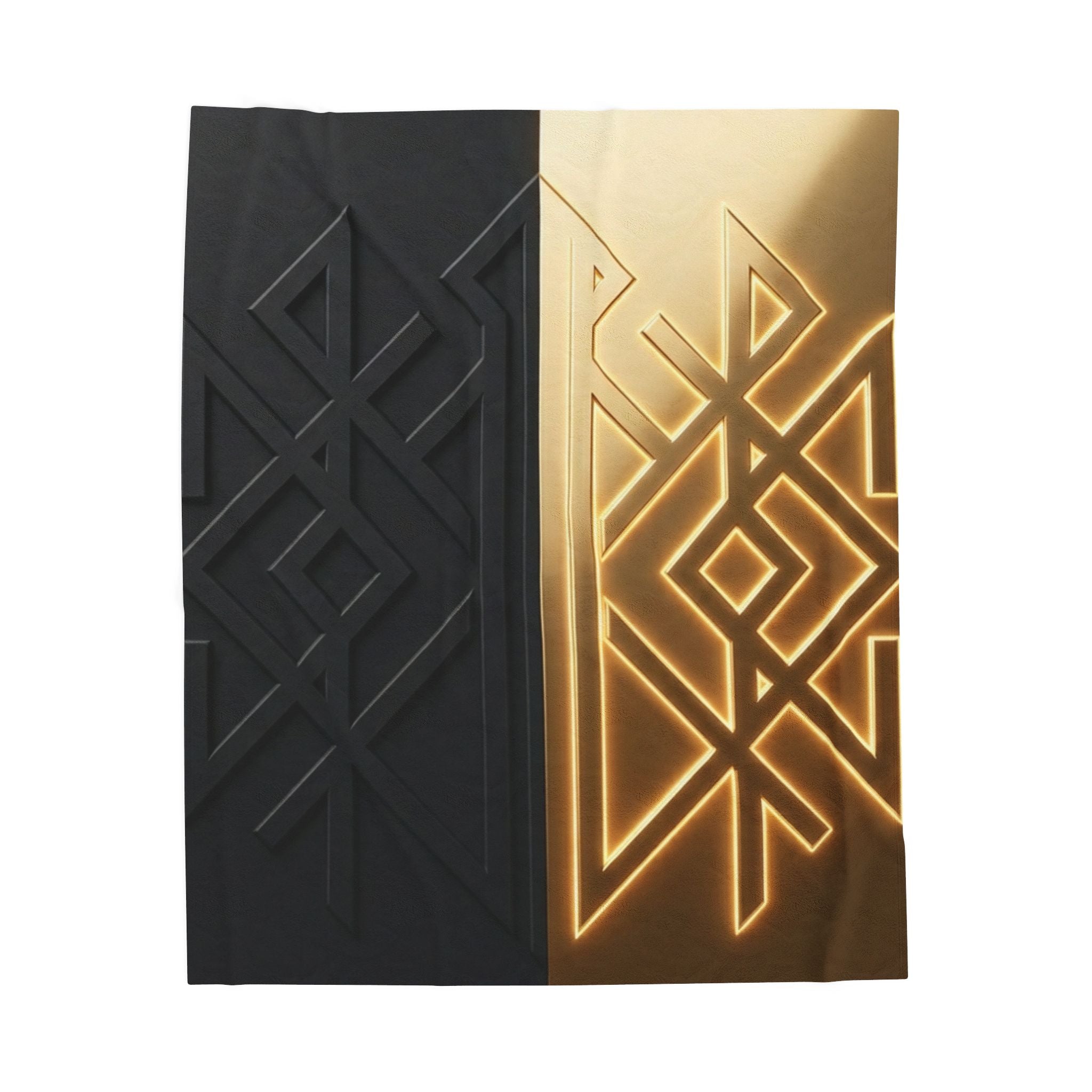 Power Runs Black PRB Velveteen Plush Blanket — Geometric Gold & Black Nordic Rune Throw by Power Runs Black