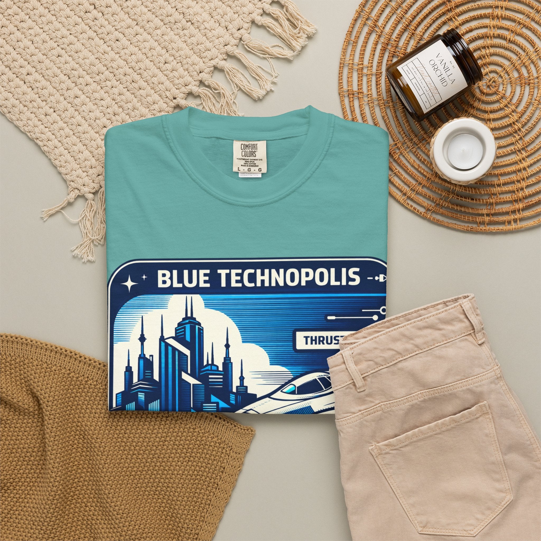 Power Runs Black PRB Technopolis Spacecraft T-Shirt — Blue Technopolis Retro Sci‑Fi Tee by Printify