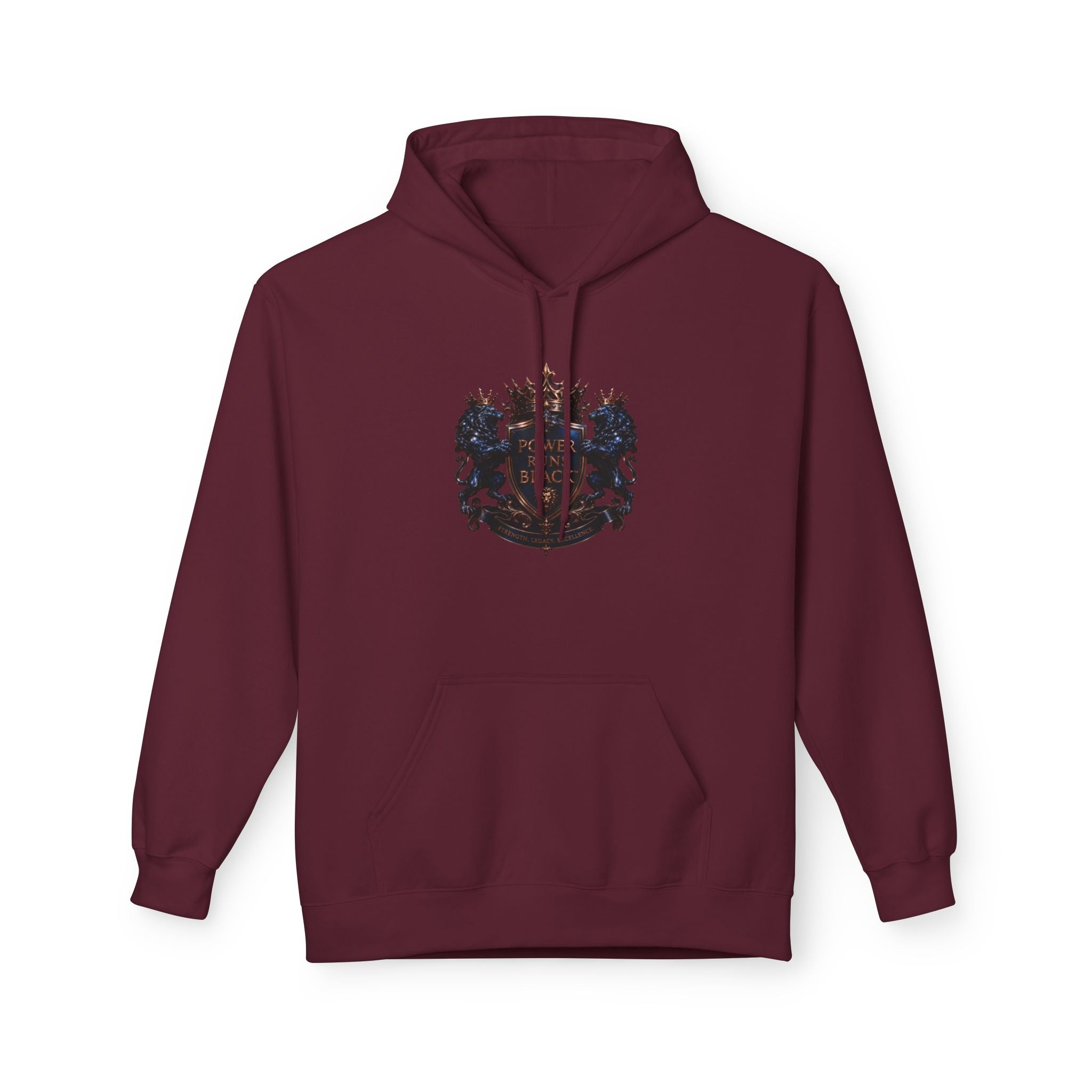 Power Runs Black crest hoodie | medieval shield with lions and wings by Power Runs Black