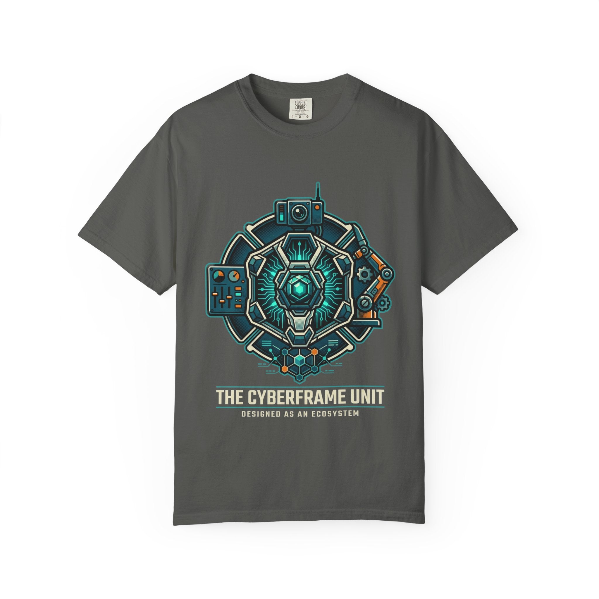 Power Runs Black Cyberframe Unit T-Shirt — Futuristic Tech Armor Graphic Tee by Power Runs Black