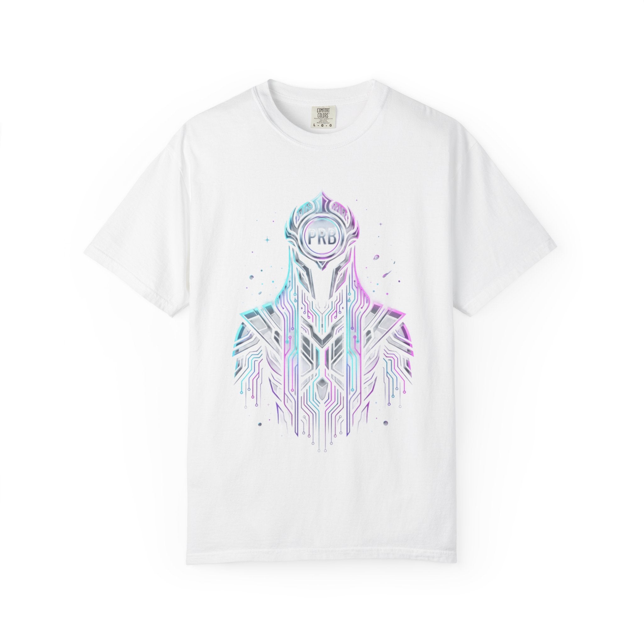 Printify PRB Machine‑Spirit Overlord 4K Futuristic Geometric Helmet T-Shirt | Neon Tech Line Art - T-Shirt