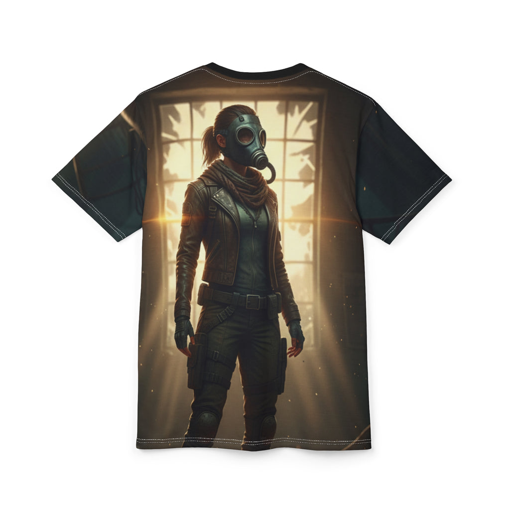 Power Runs Black PRB Post-Apocalyptic Gas Mask Tee — Survivor Scenescape All-Over Print by Printify